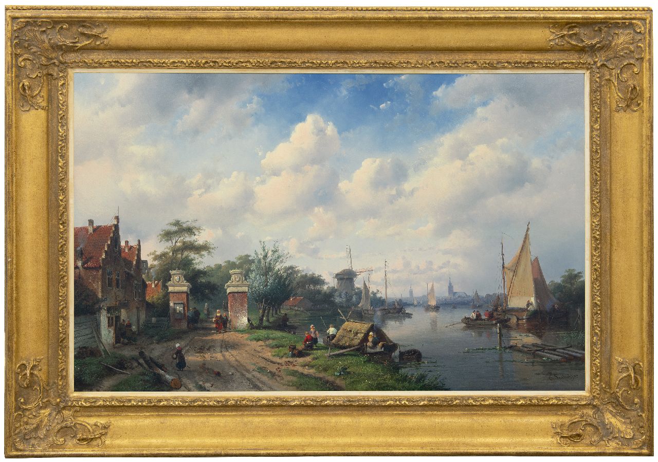 Leickert C.H.J.  | 'Charles' Henri Joseph Leickert, Sunny river scene with tollgate in Oegstgeest, oil on panel 65.4 x 103.0 cm, signed l.r. and dated '53