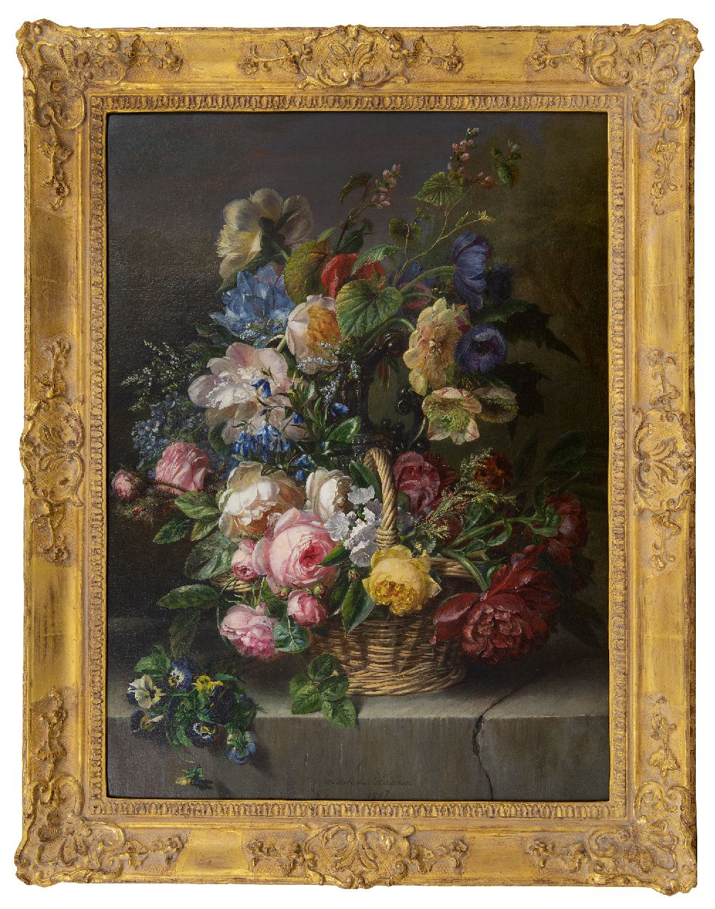 Haanen A.J.  | Adriana Johanna Haanen, Mixed flowers in basket on stone ledge, oil on canvas 73.5 x 53.7 cm, signed l.c. and dated 1857