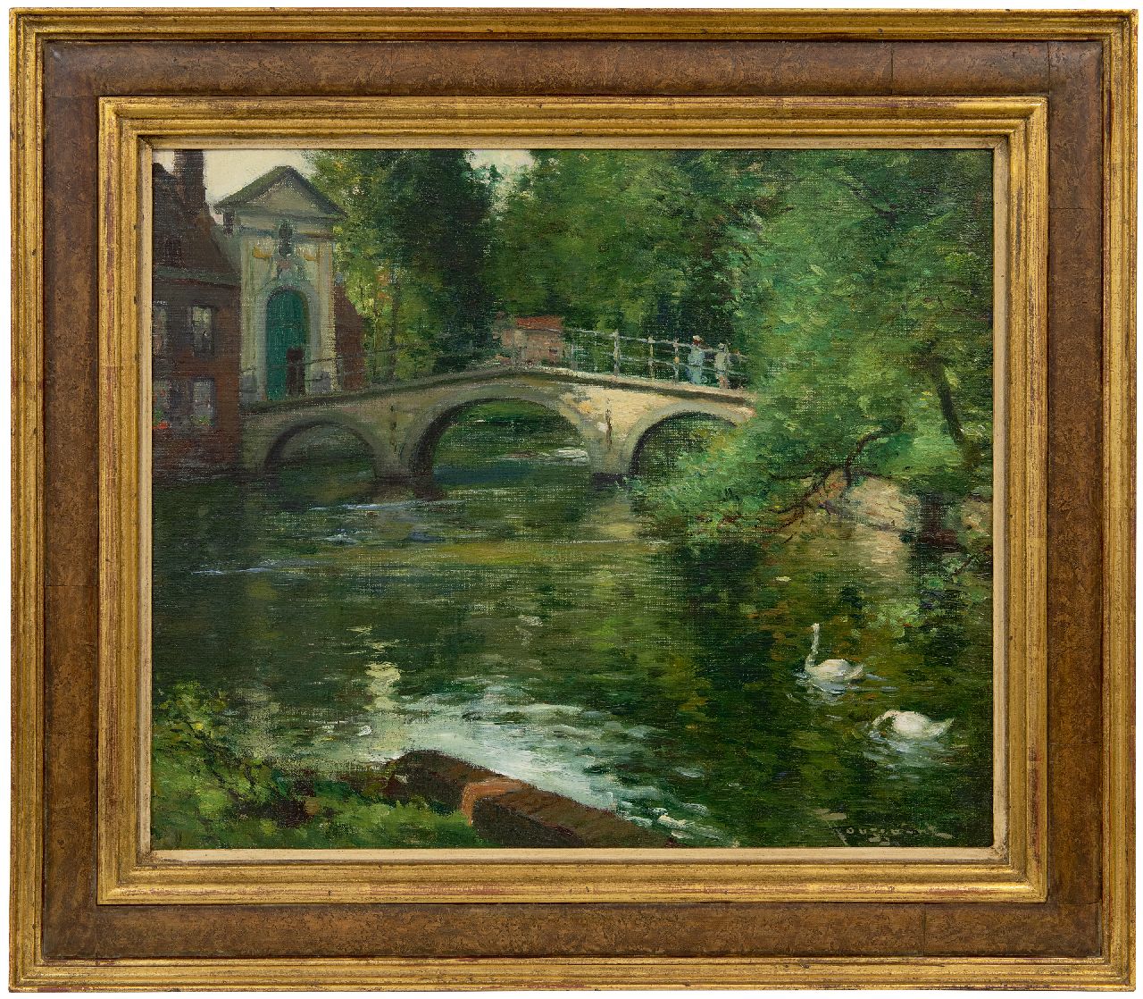 Toussaint F.  | Fernand Toussaint | Paintings offered for sale | Swans in the canal at the Begijnhofpoort in Bruges, oil on painter's board 46.1 x 54.9 cm, signed l.r.