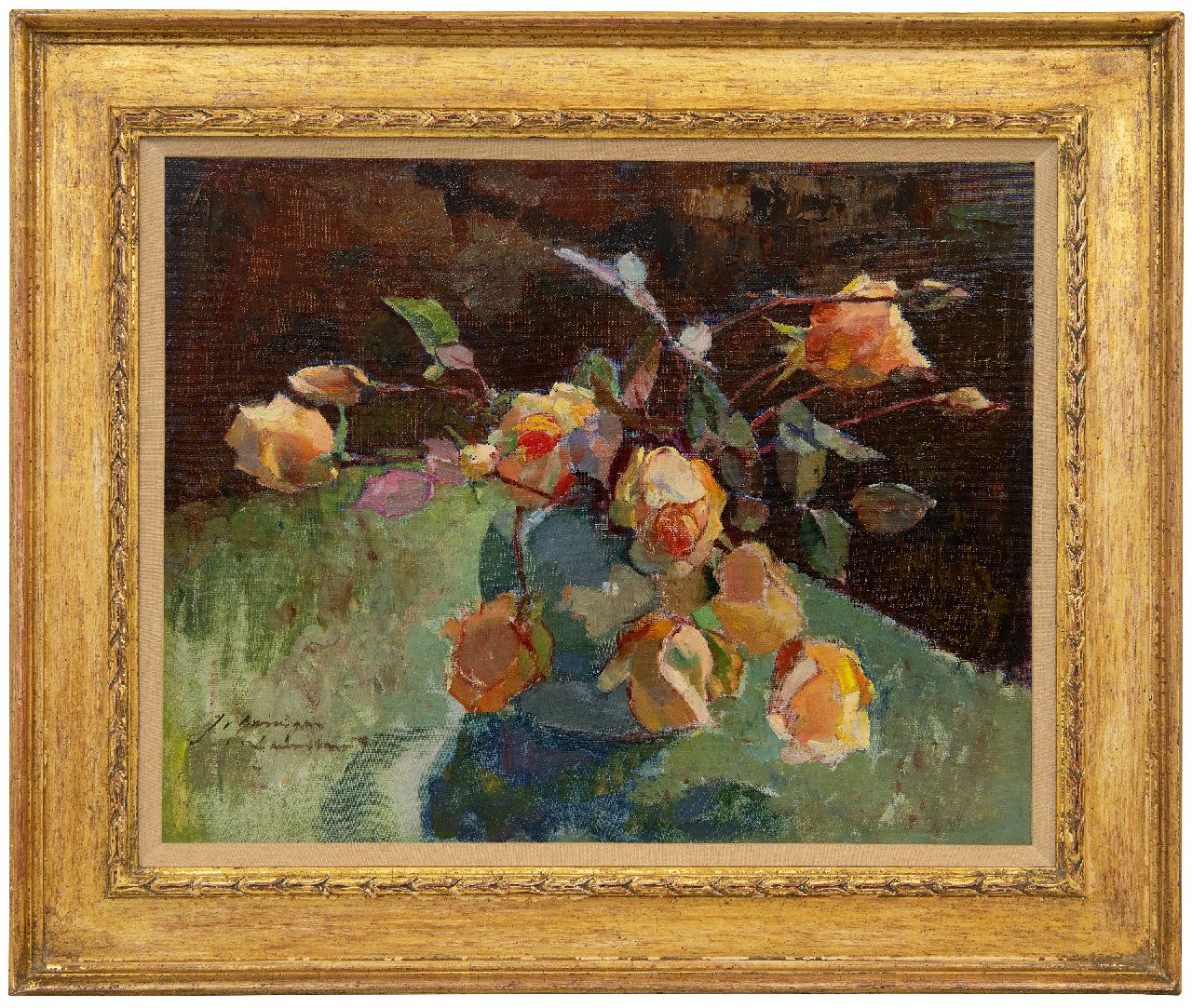 Groningen-Laurillard J.A.G. van | 'Jacoba' Adriana Geertruida van Groningen-Laurillard | Paintings offered for sale | Flower stilllife with yellow roses, oil on canvas laid down on panel 39.7 x 49.9 cm, signed l.l.