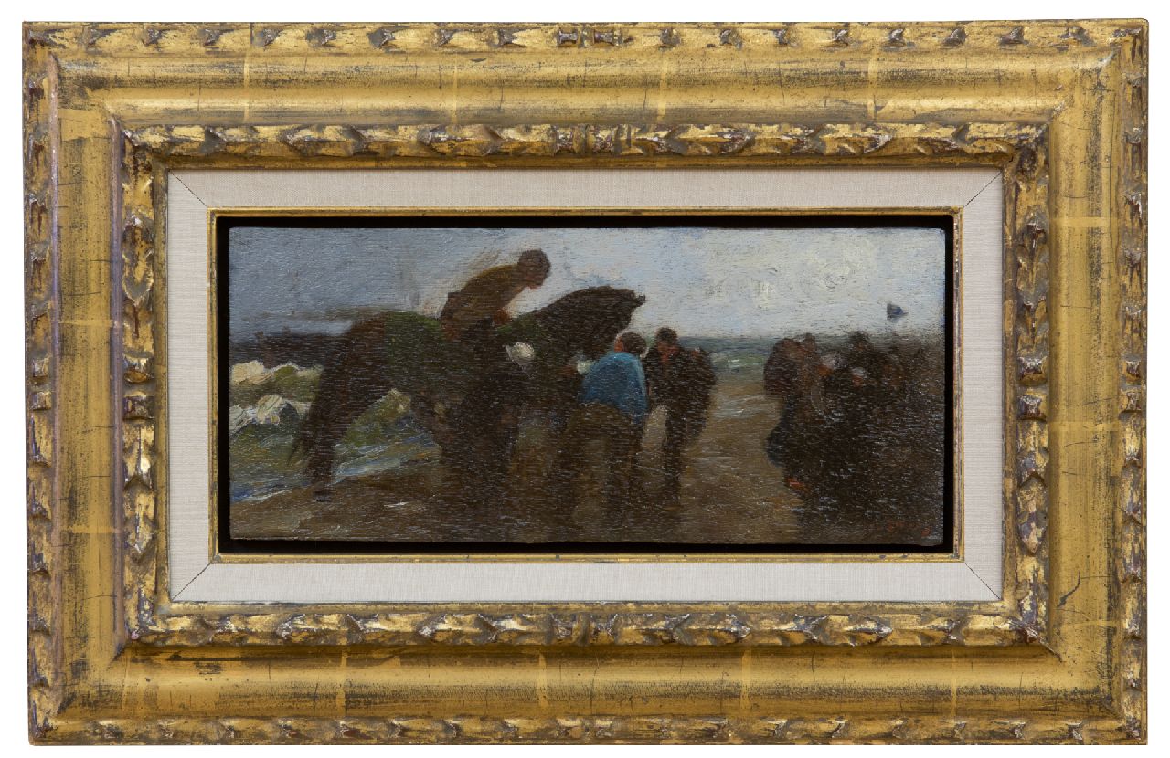 Zwart W.H.P.J. de | Wilhelmus Hendrikus Petrus Johannes 'Willem' de Zwart | Paintings offered for sale | On the beach in a storm, oil on panel 11.8 x 26.5 cm, signed l.r. and painted circa 1893-1894