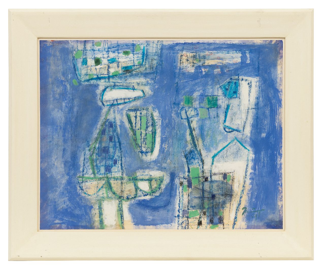 Nanninga J.  | Jacob 'Jaap' Nanninga | Watercolours and drawings offered for sale | Composition on a blue background, gouache and chalk on paper 48.0 x 61.5 cm, signed l.r. and dated '59