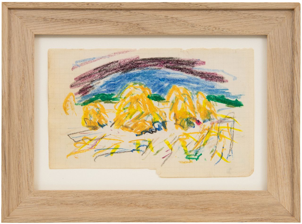 Altink J.  | Jan Altink, Landscape with haystacks, chalk on paper 10.5 x 16.5 cm, signed l.r. with initials and verkocht