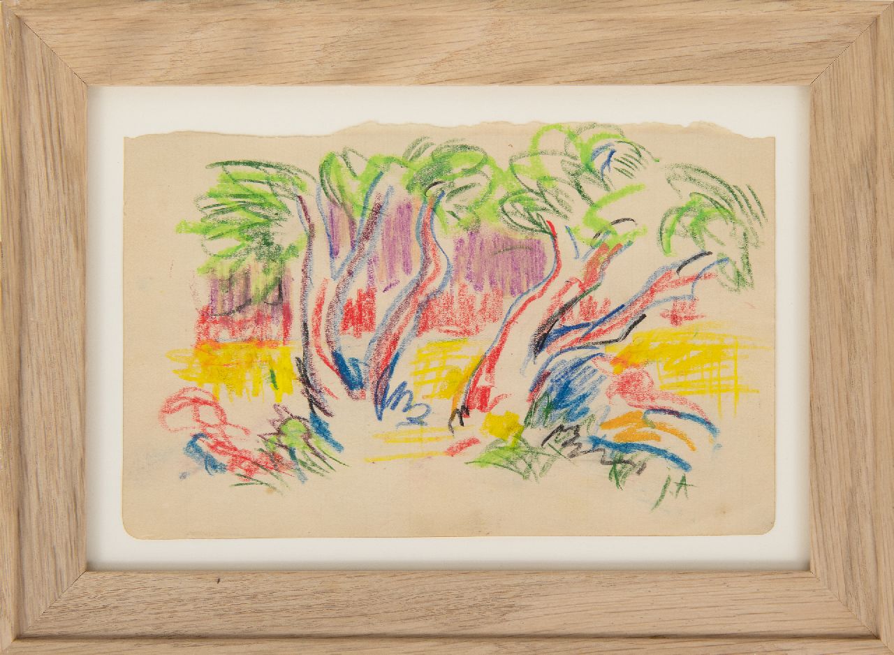 Altink J.  | Jan Altink | Watercolours and drawings offered for sale | View between trees, chalk on paper 12.6 x 20.1 cm, signed l.r. with initials