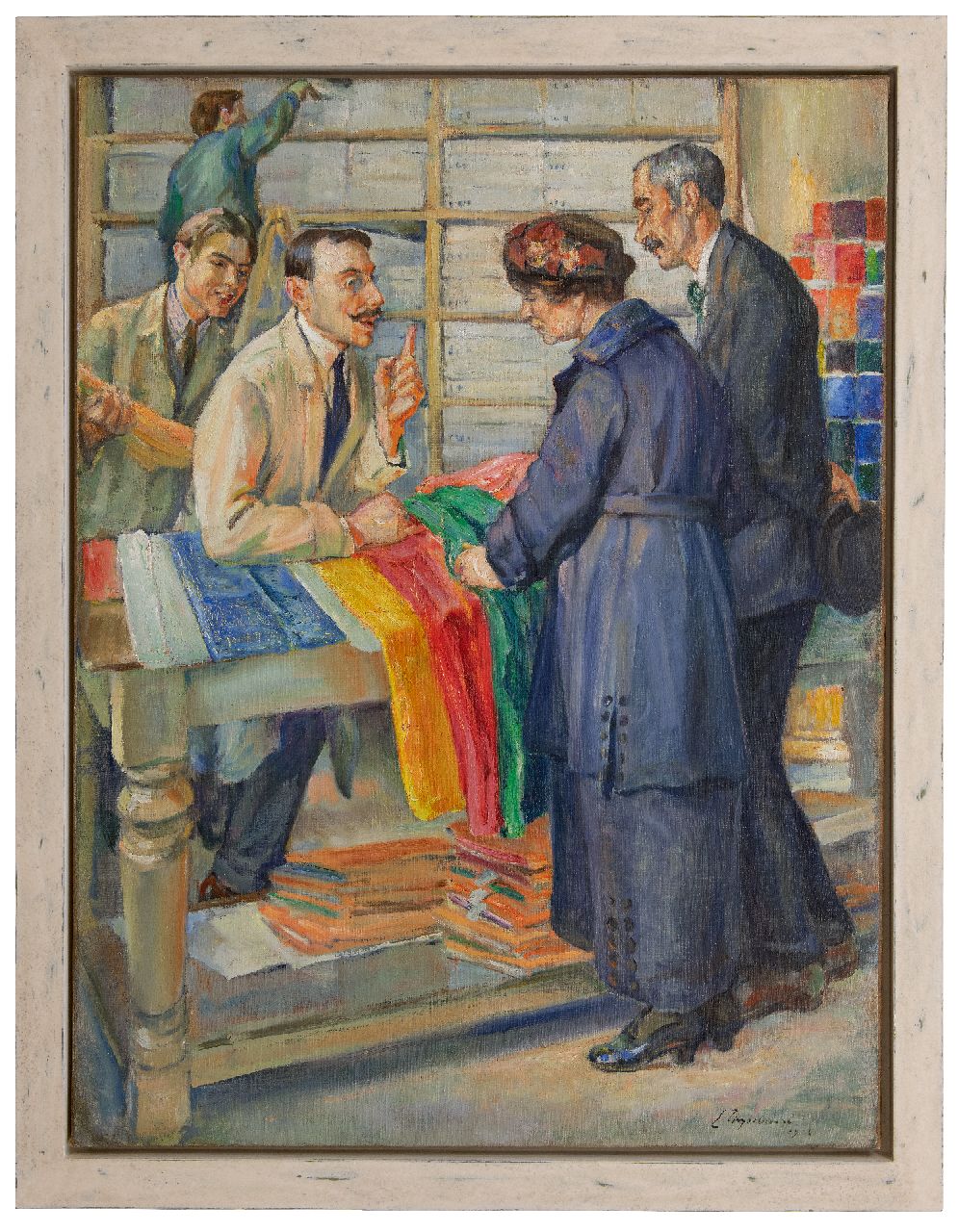 Thysebaert E.  | Emile Thysebaert | Paintings offered for sale | In the fabric shop, oil on canvas 109.2 x 83.0 cm, signed l.r. and dated 1922 (unclear)