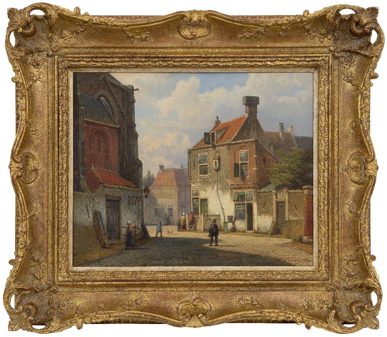 Koekkoek W.  | Willem Koekkoek | Paintings offered for sale | Sunny village street with figures, oil on panel 28.7 x 35.7 cm, signed l.r. and dated 1861