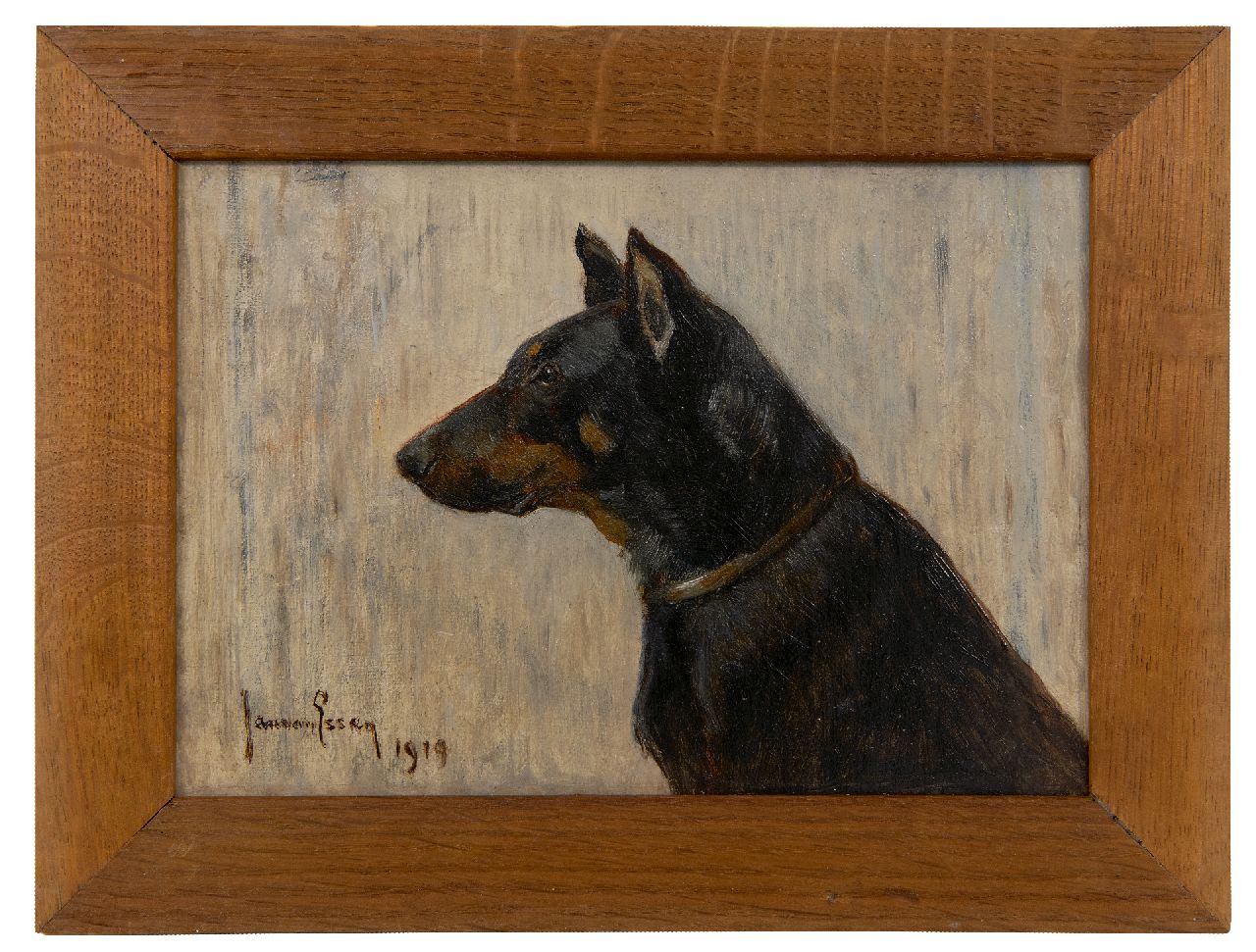 Essen J.C. van | Johannes Cornelis 'Jan' van Essen | Paintings offered for sale | Portrait of a German pinscher, oil on canvas laid down on board 15.7 x 21.5 cm, signed l.l. and dated 1919