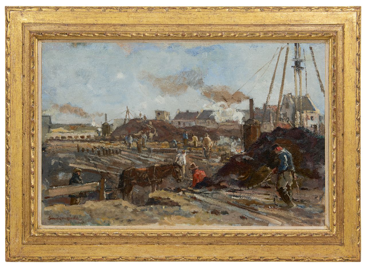 Langeveld F.A.  | Franciscus Arnoldus 'Frans' Langeveld | Paintings offered for sale | Construction site with steam pild drivers, oil on canvas 47.1 x 71.4 cm, signed l.l.