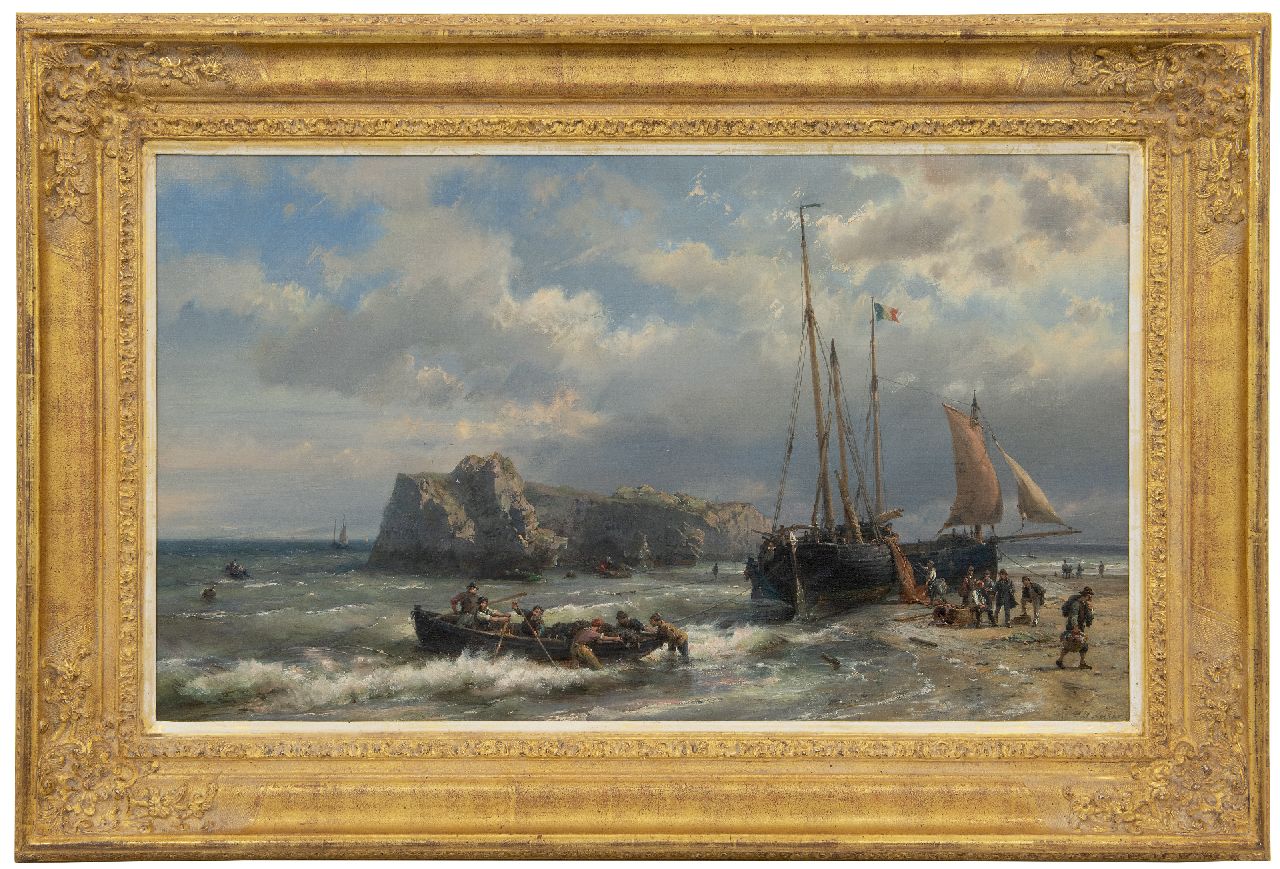 Koekkoek H.  | Hermanus Koekkoek, Ships and fishermen at the French coast, oil on canvas 45.1 x 76.7 cm, signed l.r. and dated tot the late 1960s