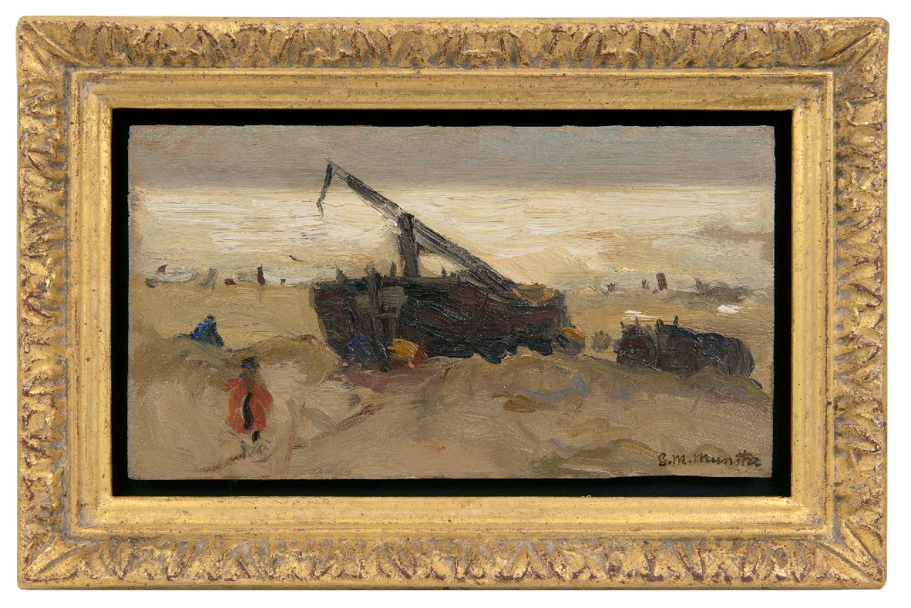 Munthe G.A.L.  | Gerhard Arij Ludwig 'Morgenstjerne' Munthe | Paintings offered for sale | Fishing barge on the beach, oil on panel 12.4 x 22.4 cm, signed l.r.