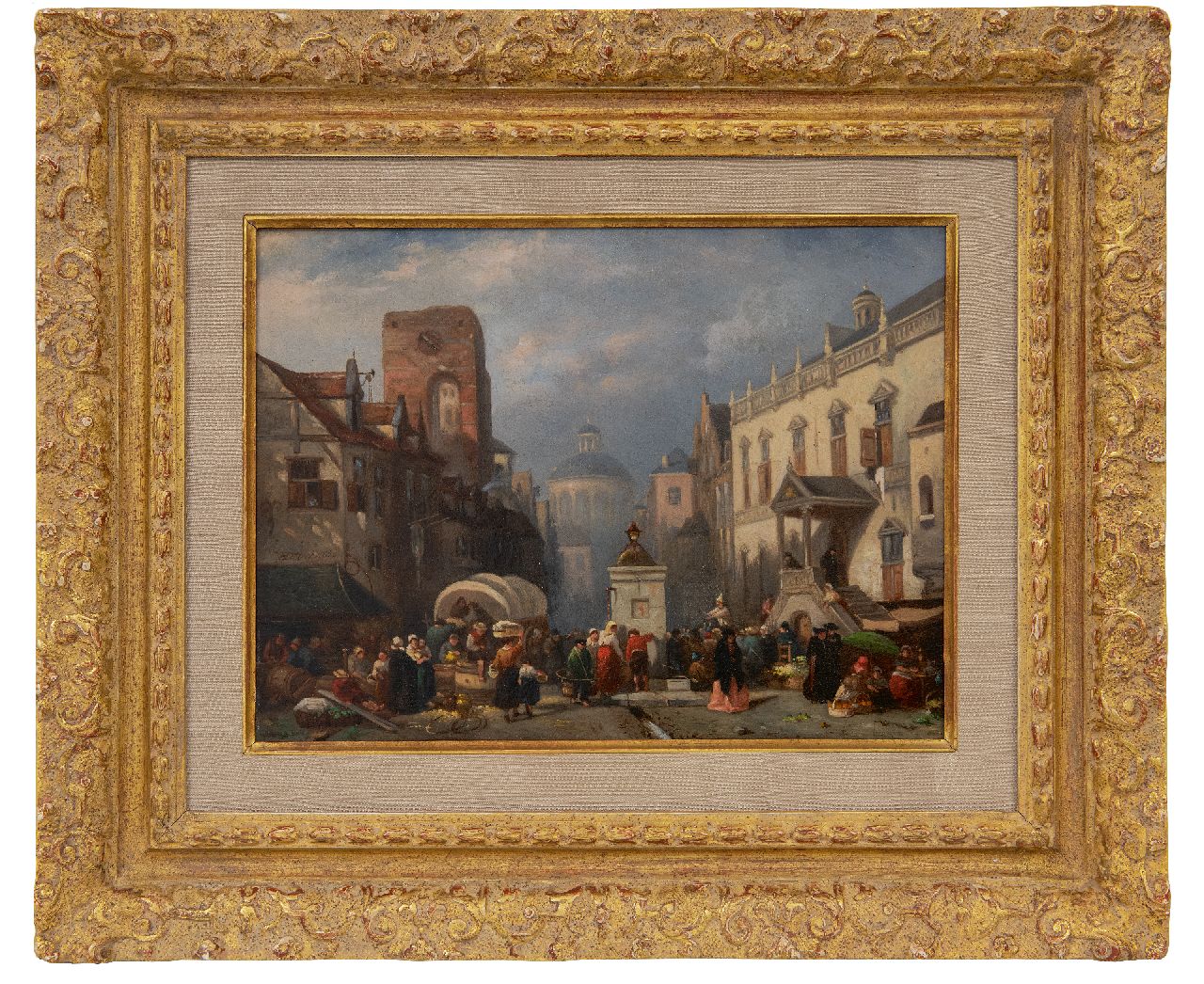 Heun W.M. van | Willem Maxiliaan van Heun | Paintings offered for sale | A busy day at the market, oil on panel 20.6 x 27.8 cm, signed c.l. and dated 1860