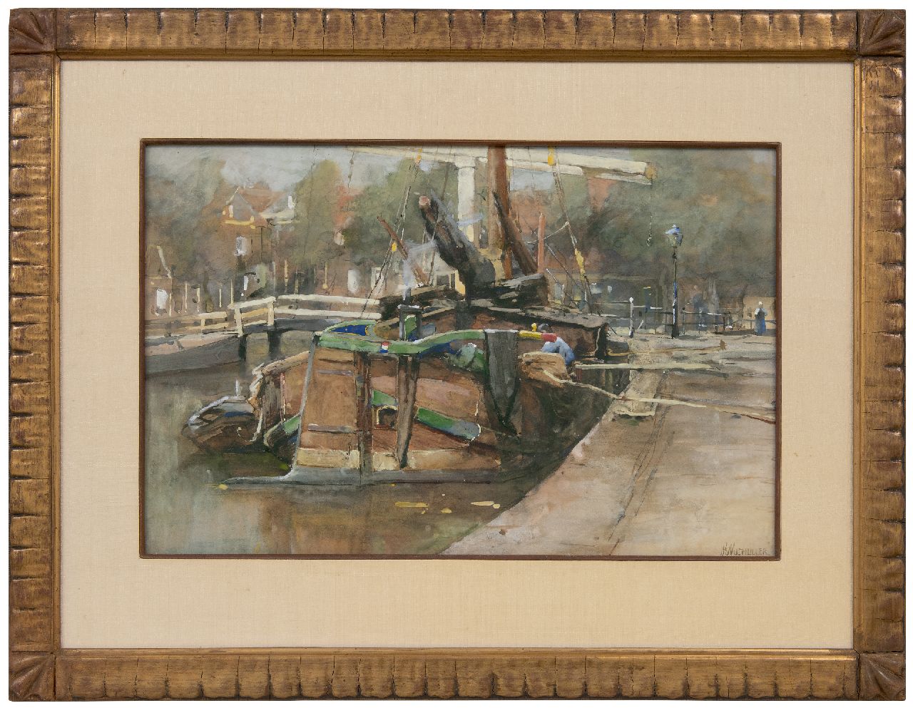 Wijsmuller J.H.  | Jan Hillebrand Wijsmuller | Watercolours and drawings offered for sale | Moored tjalk at the quay, watercolour on paper 33.5 x 51.0 cm, signed l.r.