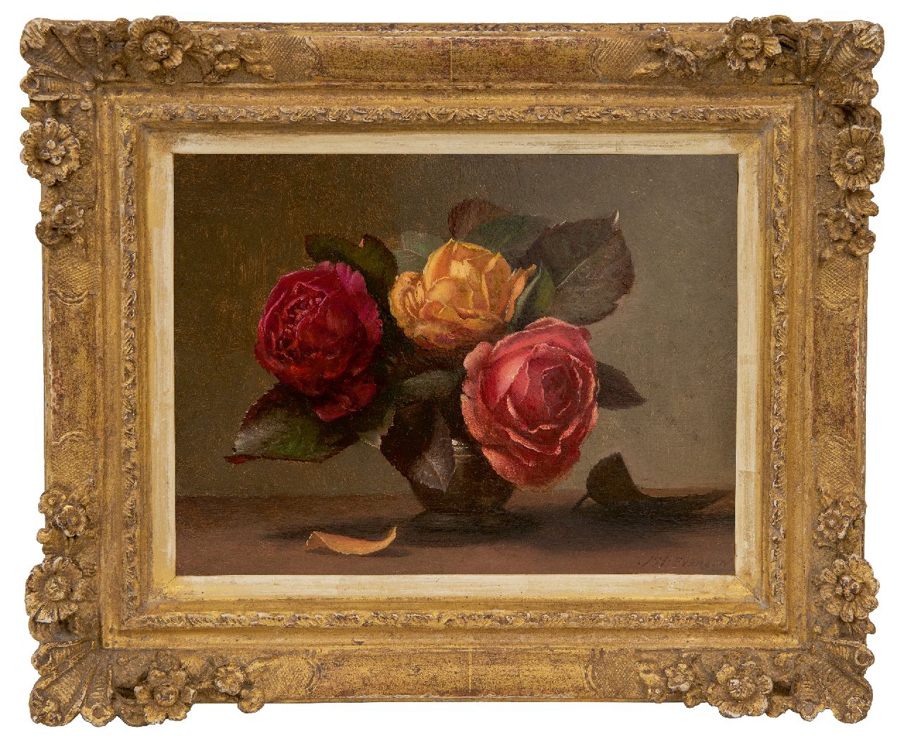 Eversen J.H.  | Johannes Hendrik 'Jan' Eversen | Paintings offered for sale | Roses in a tin vase, oil on panel 18.2 x 24.1 cm, signed l.r.