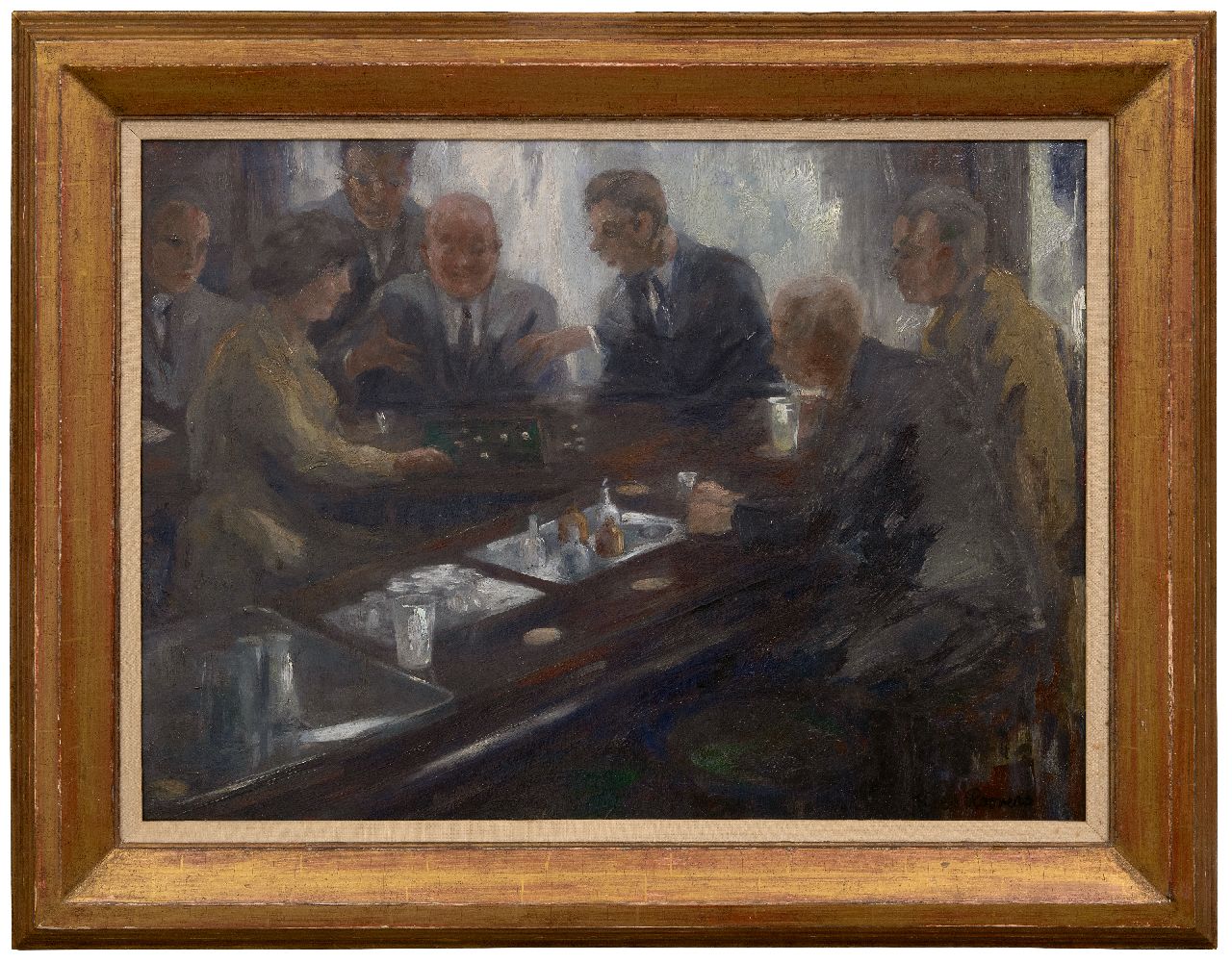 Roovers K.  | Kees Roovers | Paintings offered for sale | Playing dice in café the Posthoorn, The Hague, oil on board 47.1 x 65.6 cm, signed l.r.