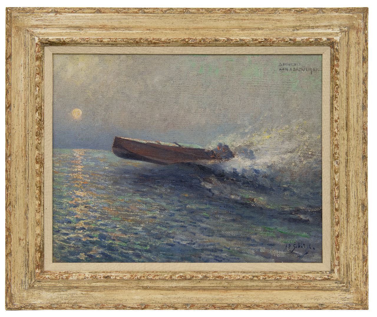 Schotel A.P.  | Anthonie Pieter Schotel, Speedboat at sea at sunset, oil on canvas 43.6 x 57.3 cm, signed l.r.