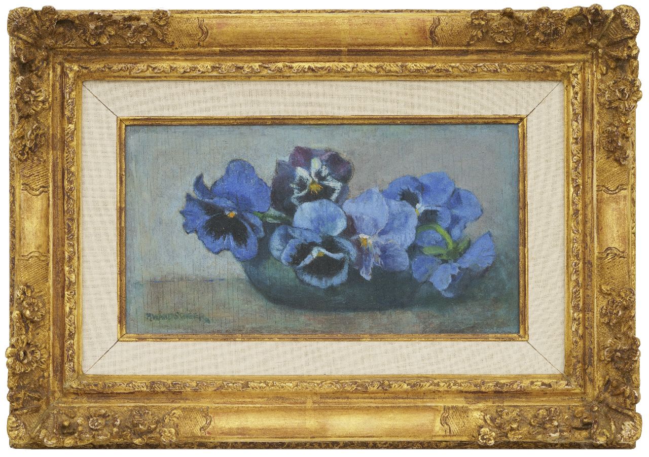 Wandscheer M.W.  | Maria Wilhelmina 'Marie' Wandscheer, Blue pansies, oil on panel 13.4 x 24.4 cm, signed l.l.