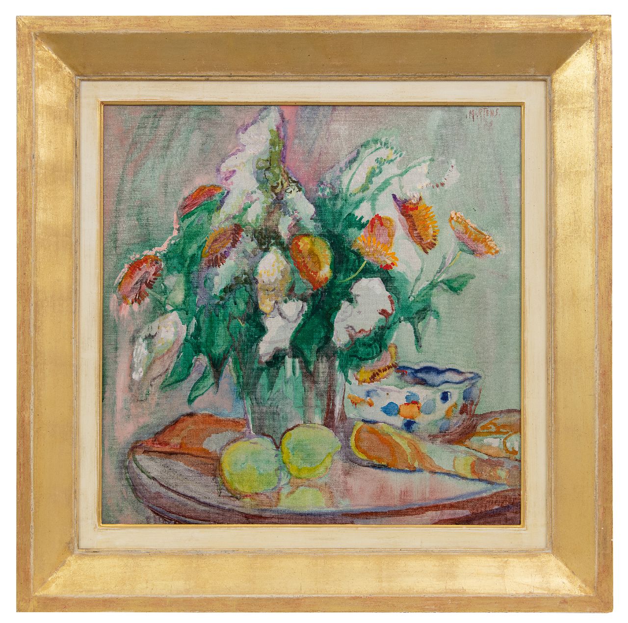 Martens G.G.  | Gijsbert 'George' Martens | Paintings offered for sale | Flower still life with lemons, benzinerel and wax paint on canvas 50.3 x 50.3 cm, signed u.r.