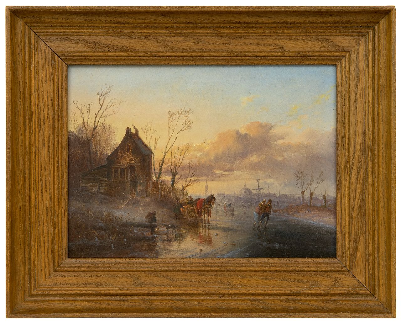 Morel II J.E.  | Jan Evert Morel II, Winter landscape with skaters, a town in the distance, oil on panel 20.2 x 28.5 cm, signed l.l.