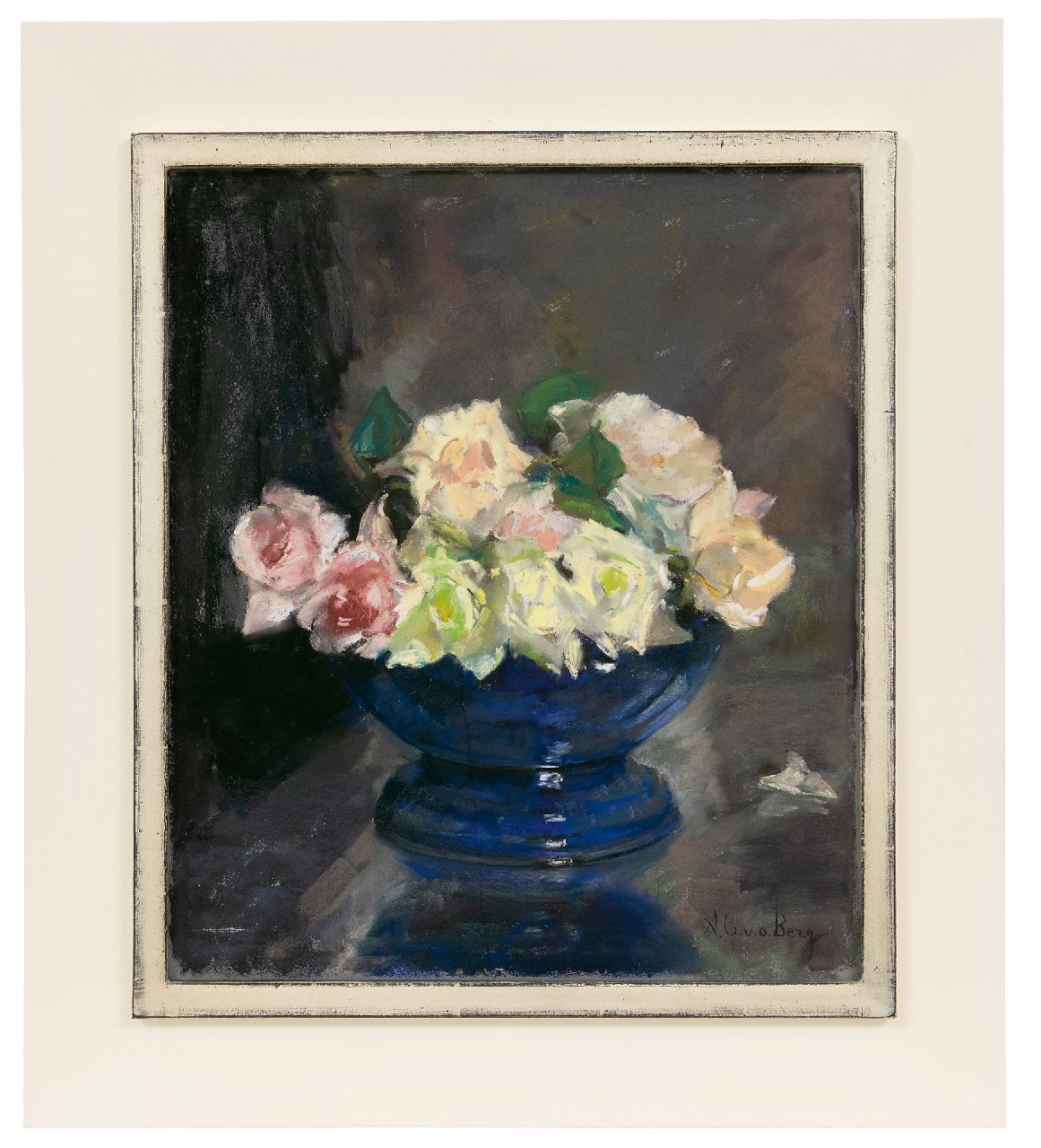 Berg A.C. van den | Anna Carolina 'Ans' van den Berg | Watercolours and drawings offered for sale | Blue bowl with roses, pastel on paper 43.0 x 37.0 cm, signed l.r.