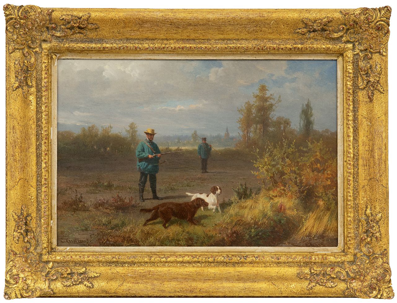Cunaeus C.  | Conradijn Cunaeus | Paintings offered for sale | Hunting scene near Barneveld, the Oude Kerk in the distance, oil on panel 21.7 x 32.2 cm, signed l.l.