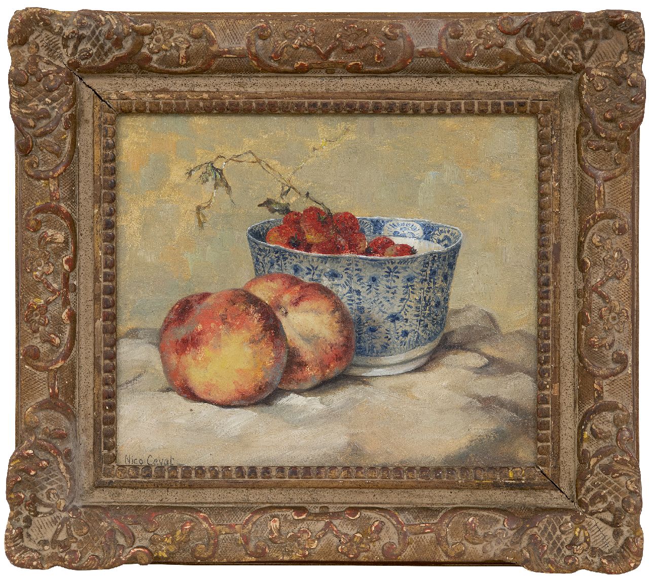Cevat N.F.H.  | Nicolas Friedrich Heinrich 'Nico' Cevat | Paintings offered for sale | Still life with peaches and strawberries, oil on panel 23.4 x 28.0 cm, signed l.l.