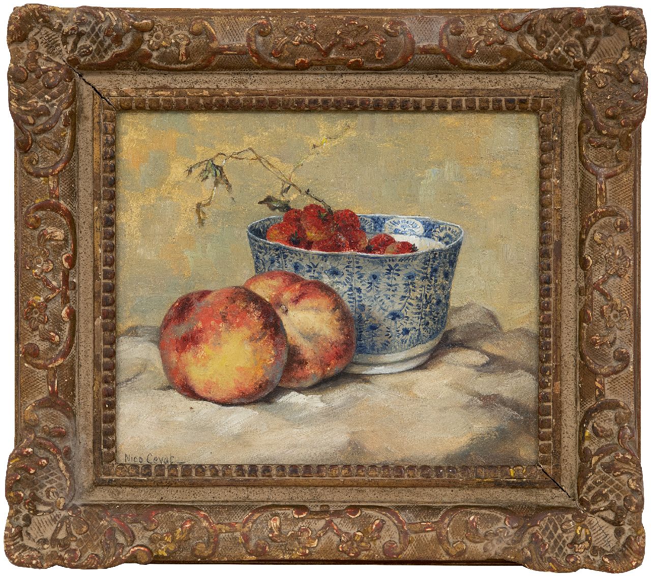 Cevat N.F.H.  | Nicolas Friedrich Heinrich 'Nico' Cevat | Paintings offered for sale | Still life with peaches and strawberries, oil on panel 23.4 x 28.0 cm, signed l.l.