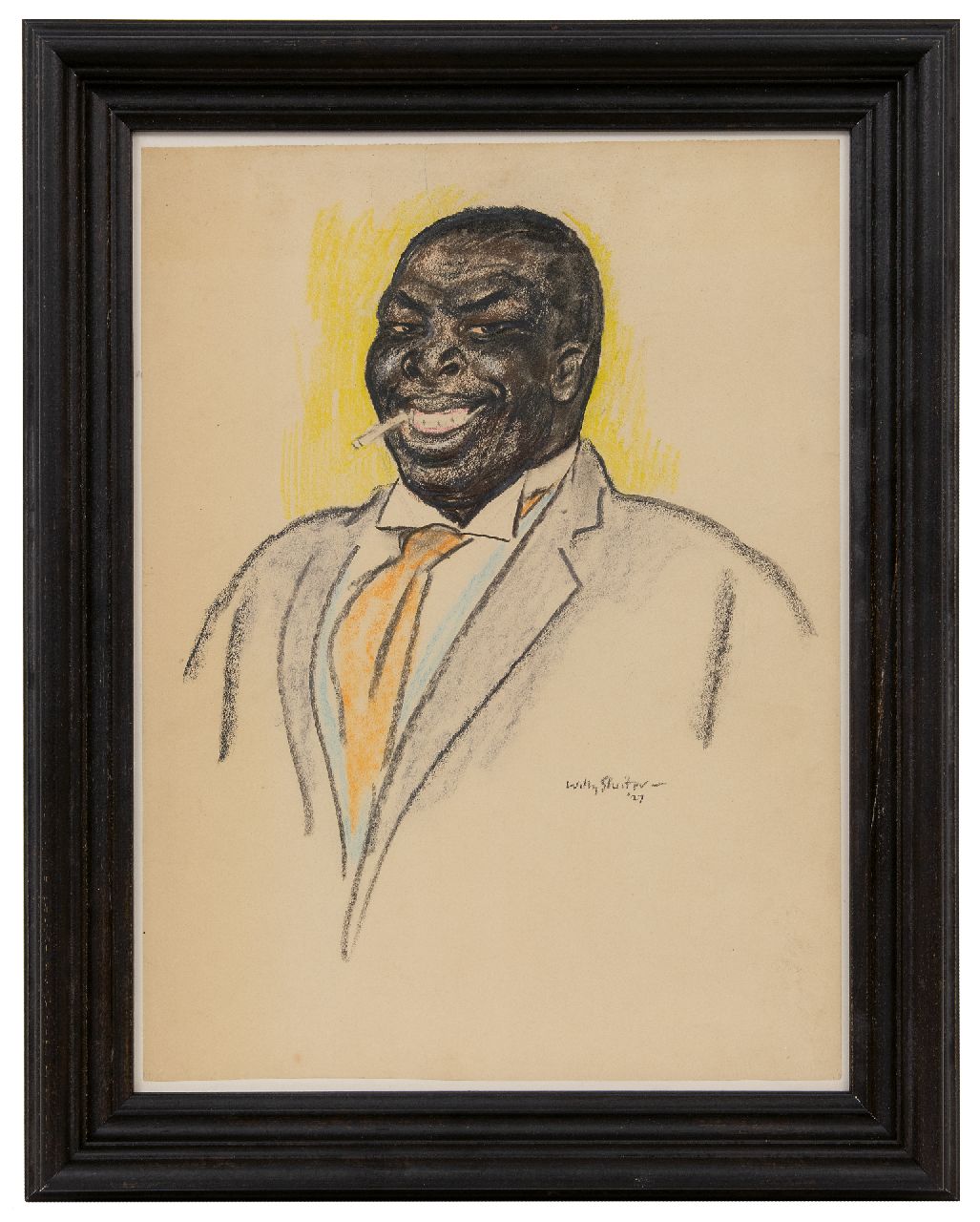 Sluiter J.W.  | Jan Willem 'Willy' Sluiter | Watercolours and drawings offered for sale | Laughing man with cigarette, chalk on paper 44.9 x 33.4 cm, signed l.r. and dated '27