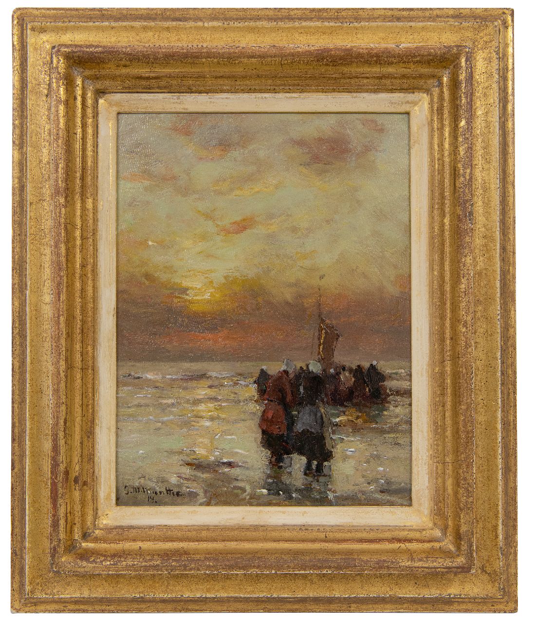 Munthe G.A.L.  | Gerhard Arij Ludwig 'Morgenstjerne' Munthe, Fisherwomen in the surf at sunset, oil on panel 21.1 x 15.9 cm, signed l.l. and dated '14