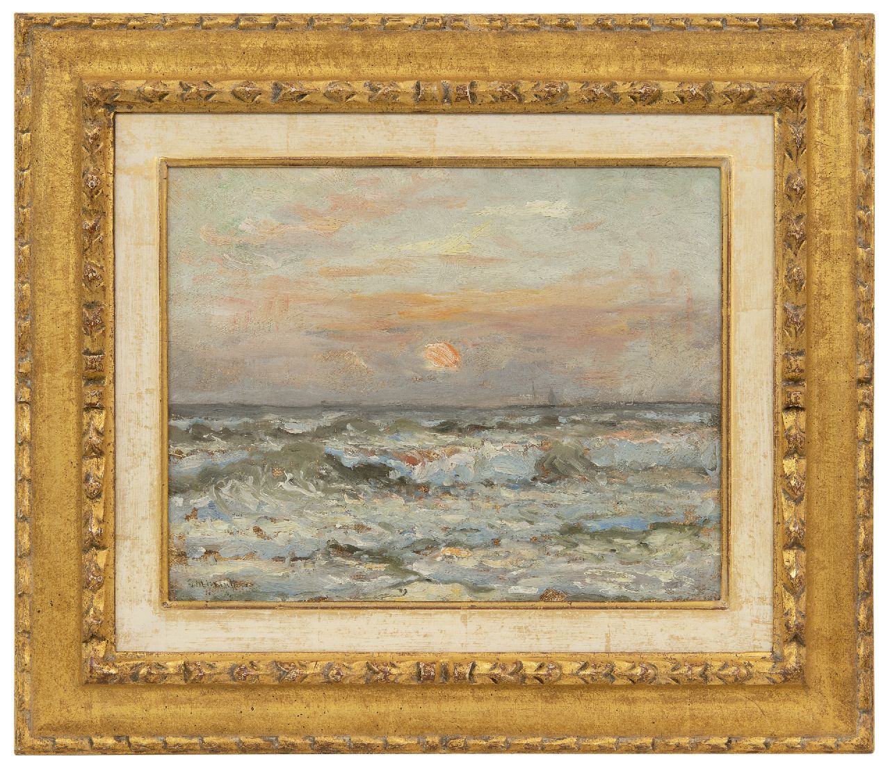 Munthe G.A.L.  | Gerhard Arij Ludwig 'Morgenstjerne' Munthe | Paintings offered for sale | Seascape with setting sun, oil on canvas laid down on panel 24.4 x 30.4 cm, signed l.l. and dated '14