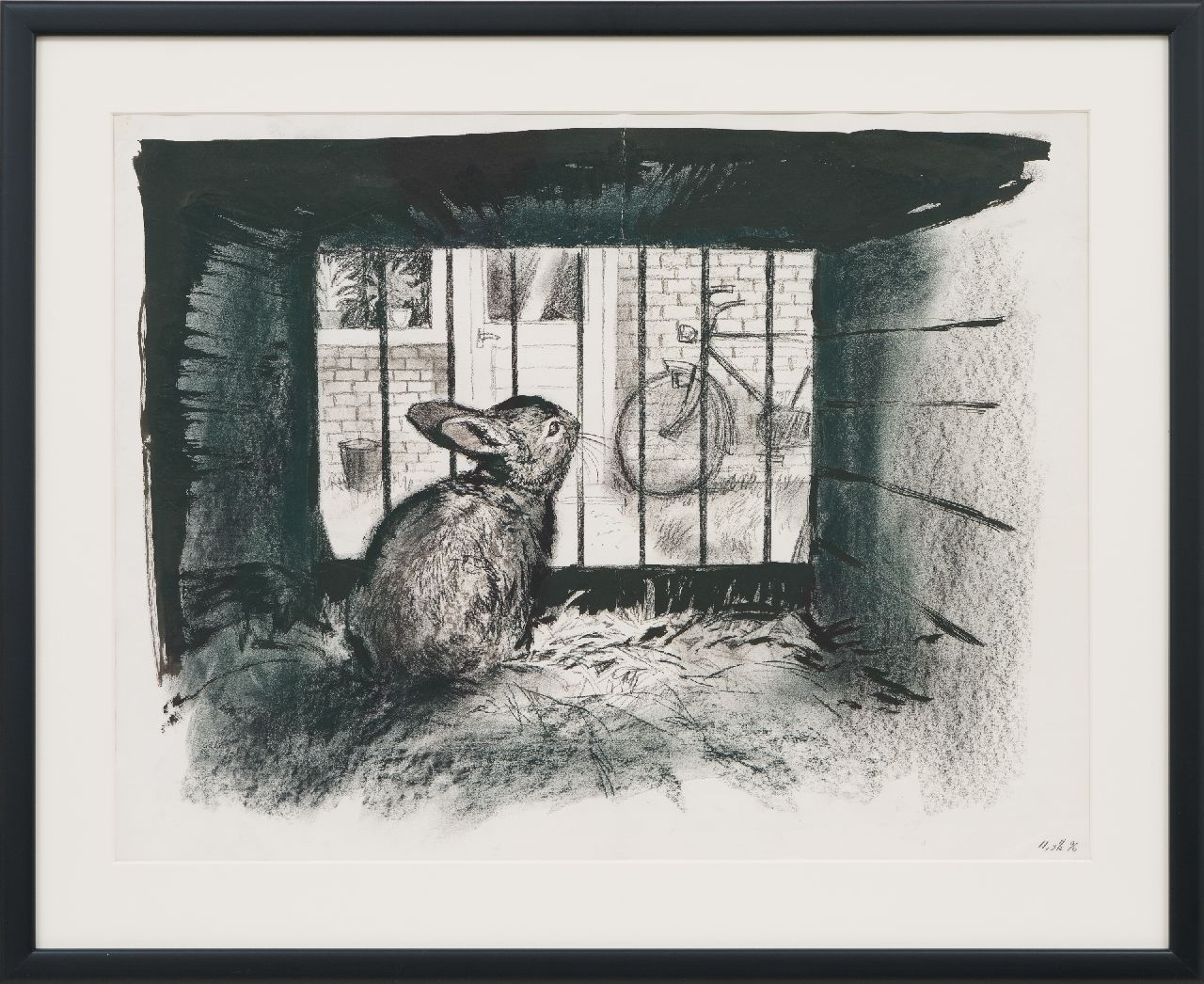 Poortvliet R.  | Rien Poortvliet, Rabbit in cage, charcoal and ink on paper 50.0 x 64.8 cm