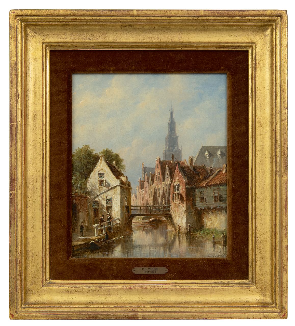 Vertin P.G.  | Petrus Gerardus Vertin | Paintings offered for sale | Sunny city canal, the Alkmaar Waagtoren in the background, oil on panel 22.7 x 19.4 cm, signed l.r. and dated 1881 on the reverse