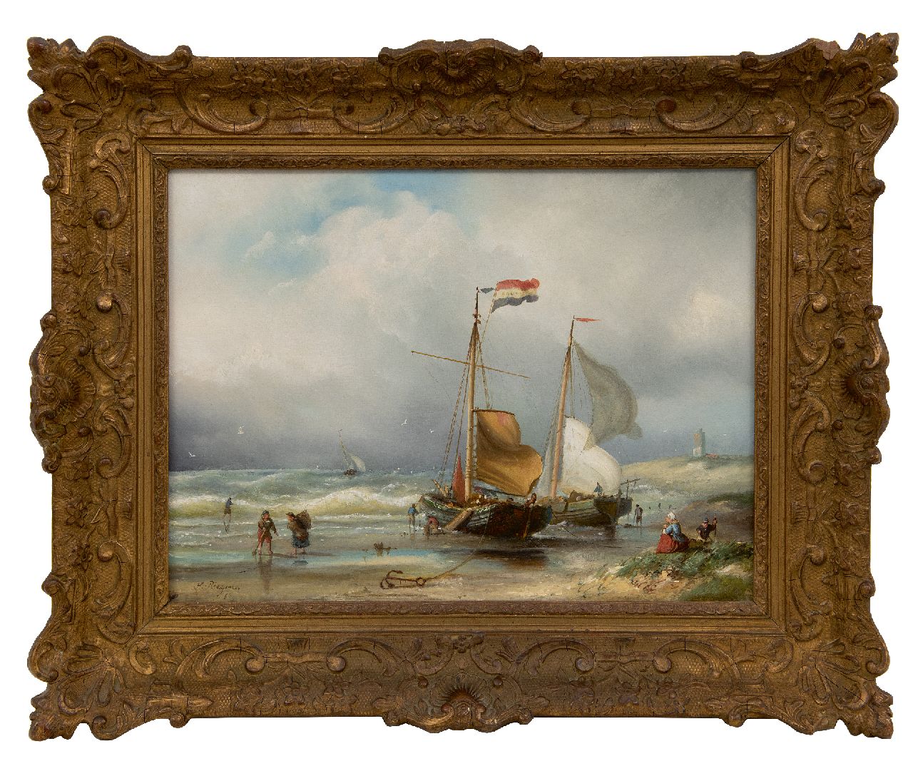 Riegen N.  | Nicolaas Riegen | Paintings offered for sale | Fishing boats and fisherfolk in the surf, oil on panel 31.2 x 41.7 cm, signed l.l.