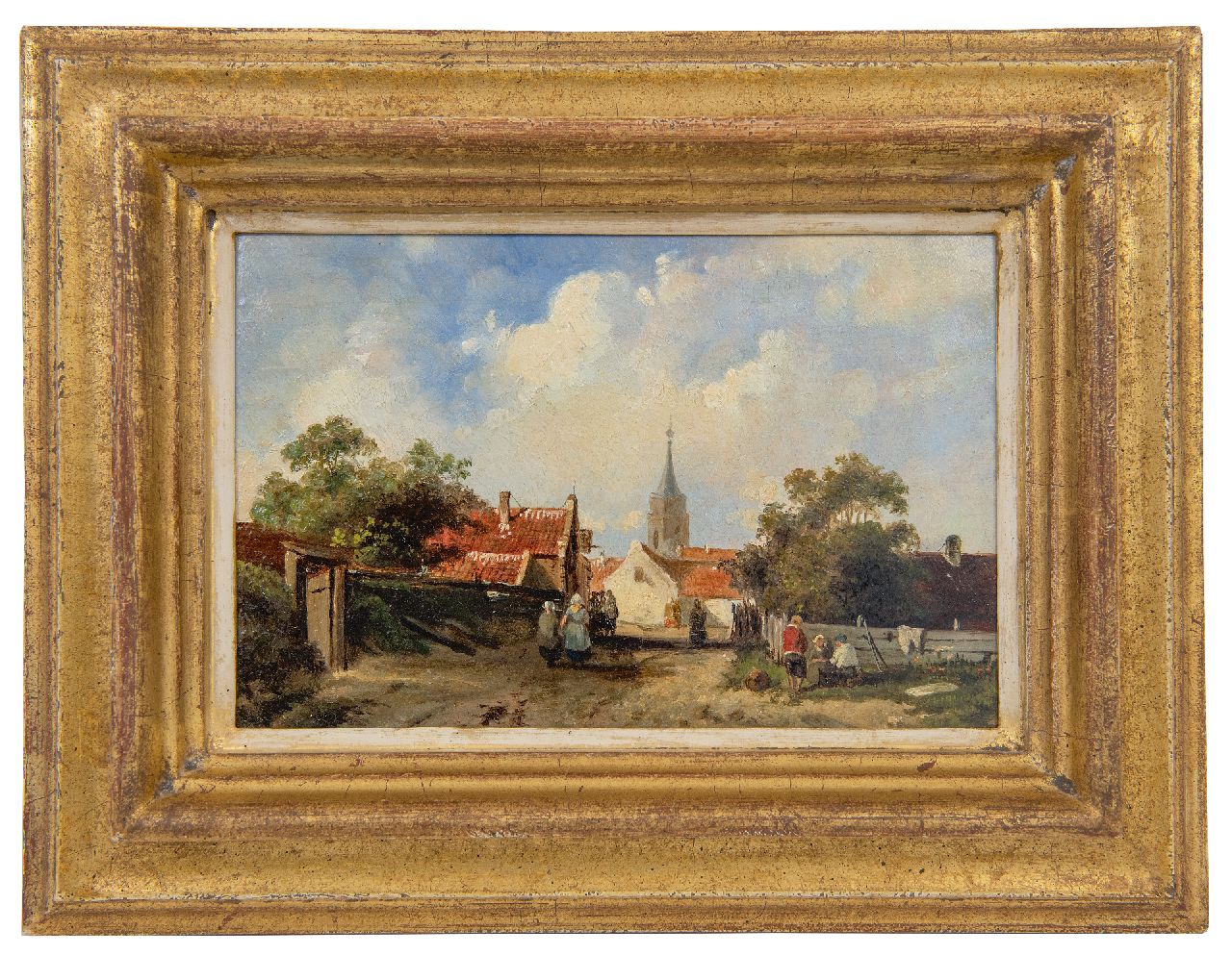 Leickert C.H.J.  | 'Charles' Henri Joseph Leickert | Paintings offered for sale | View in a Dutch village, oil on panel 12.8 x 18.9 cm, signed l.r. with initials