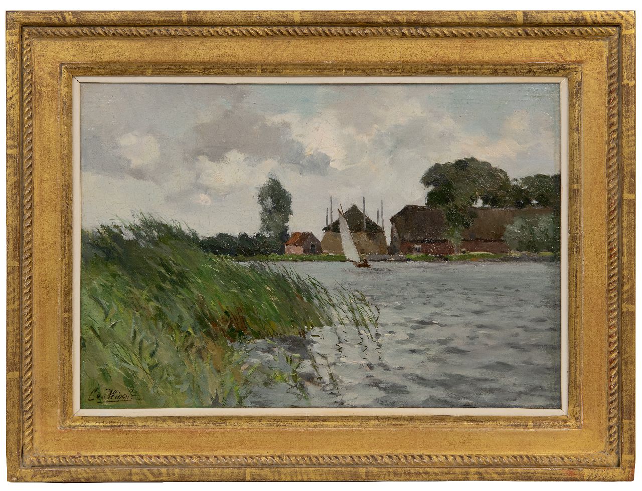 Windt Ch. van der | Christophe 'Chris' van der Windt | Paintings offered for sale | Sailboat on the lake, oil on canvas laid down on panel 23.9 x 34.0 cm, signed l.l.
