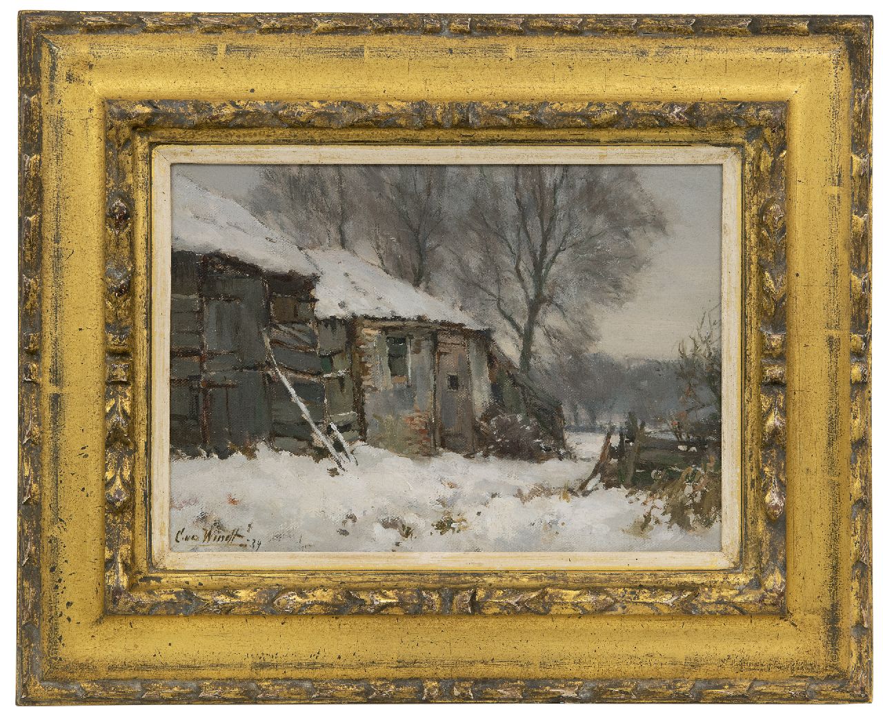 Windt Ch. van der | Christophe 'Chris' van der Windt, Farmhouse in the snow, oil on canvas laid down on panel 21.5 x 29.8 cm, signed l.l. and dated '39