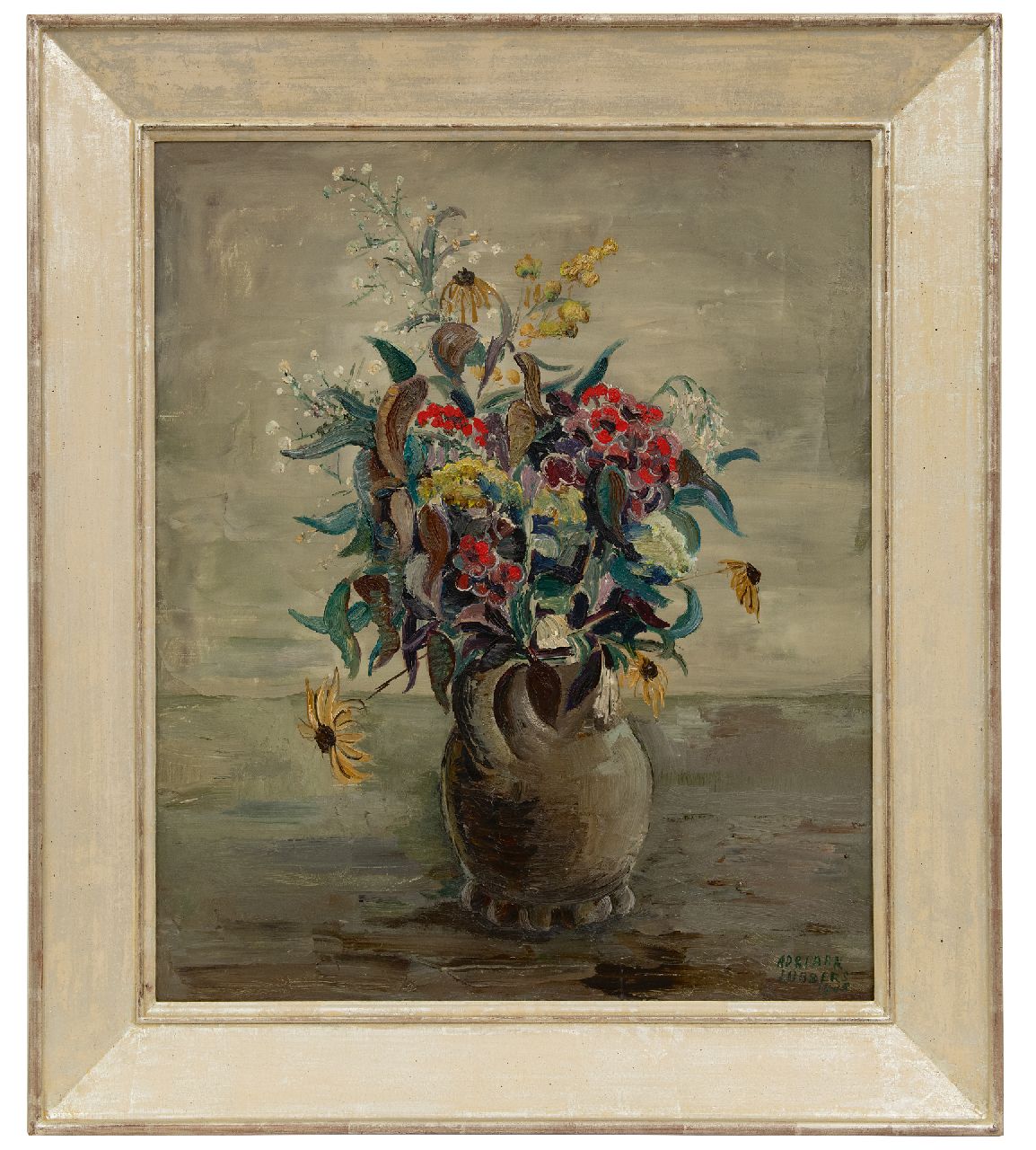 Lubbers A.  | Adriaan Lubbers, Flower still life in earthenware vase, oil on canvas 60.0 x 50.3 cm, signed l.r. and dated 1946