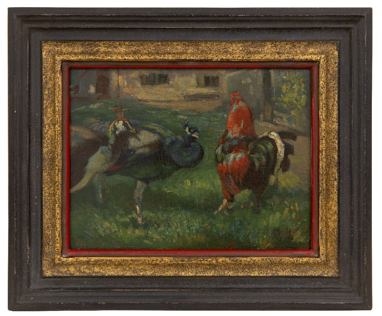Moor P.C. de | Pieter Cornelis de Moor | Paintings offered for sale | Two peacocks and a rooster, oil on panel 18.0 x 24.0 cm, signed l.r. and without frame
