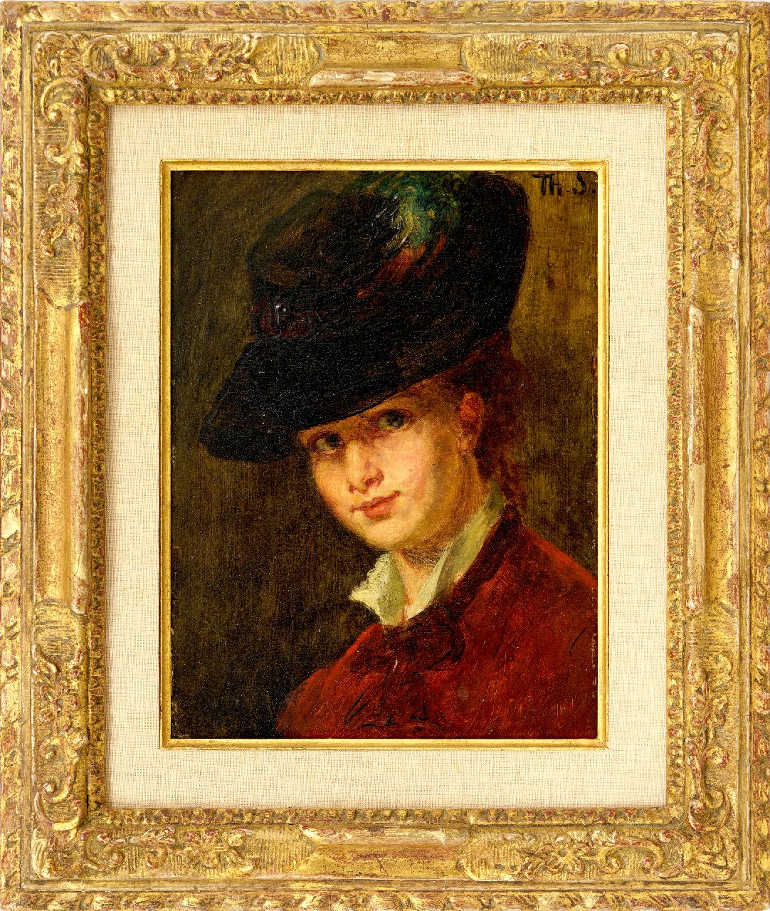Schwartze T.  | Thérèse Schwartze, Portrait of Lizzy Ansingh with hat, oil on panel 24.0 x 17.9 cm, signed u.r. with initials