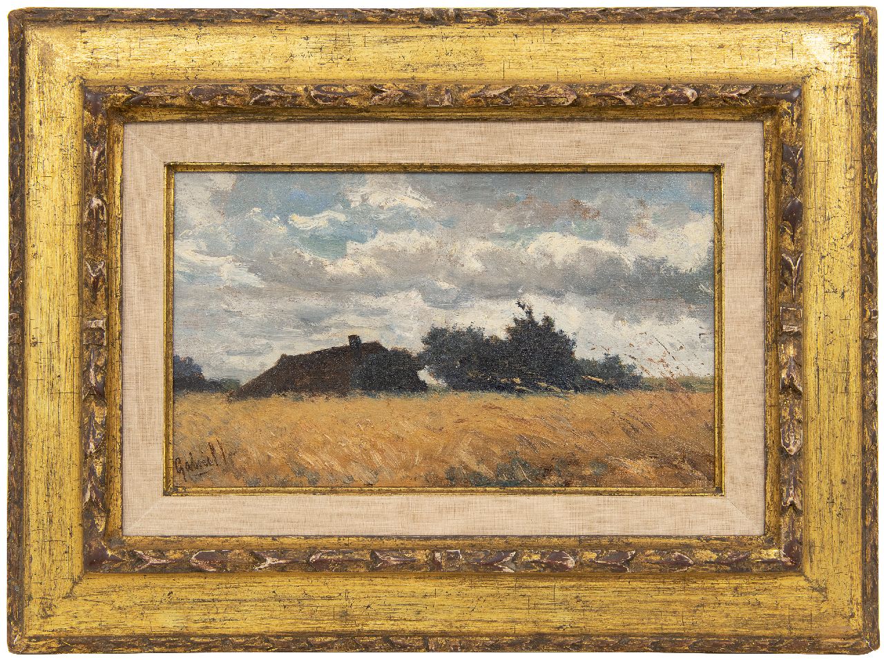 Gabriel P.J.C.  | Paul Joseph Constantin 'Constan(t)' Gabriel, Farmhouse hidden behind a cornfield, oil on canvas laid down on panel 19.8 x 33.6 cm, signed l.l.