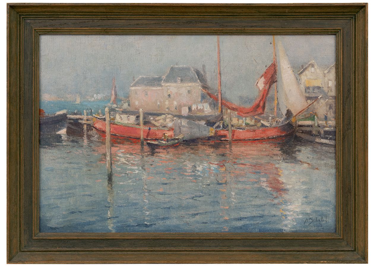Schotel A.P.  | Anthonie Pieter Schotel | Paintings offered for sale | Harbor view with moored barge, oil on canvas 40.3 x 60.9 cm, signed l.r. and dated '23, without frame