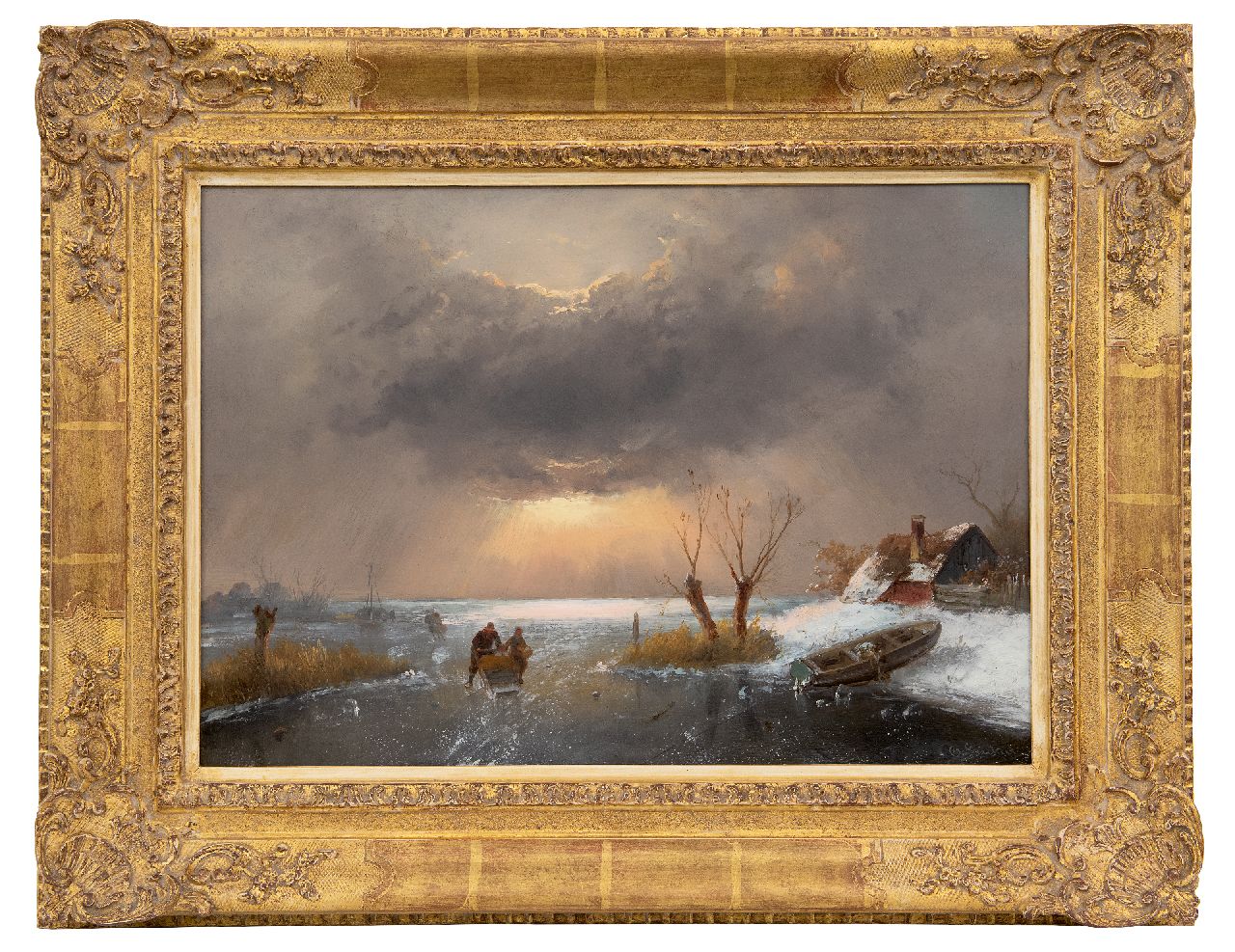 Leickert C.H.J.  | 'Charles' Henri Joseph Leickert | Paintings offered for sale | Dutch winter with skaters at sunset, oil on panel 33.8 x 48.2 cm, signed l.r.