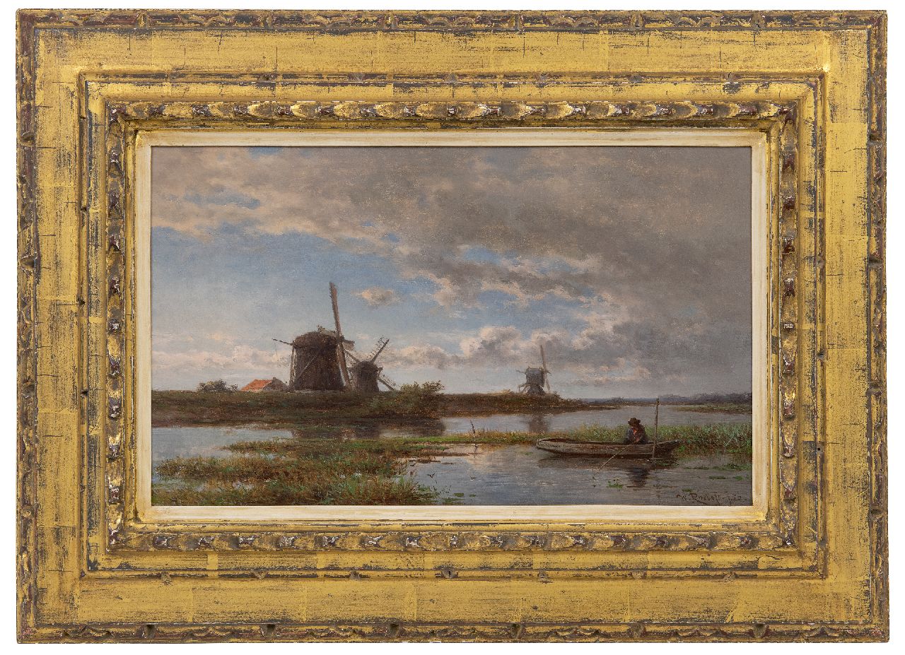 Roelofs W.  | Willem Roelofs | Paintings offered for sale | Polder landscape with windmills and an angler, oil on panel 24.3 x 40.4 cm, signed l.r. and dated '56