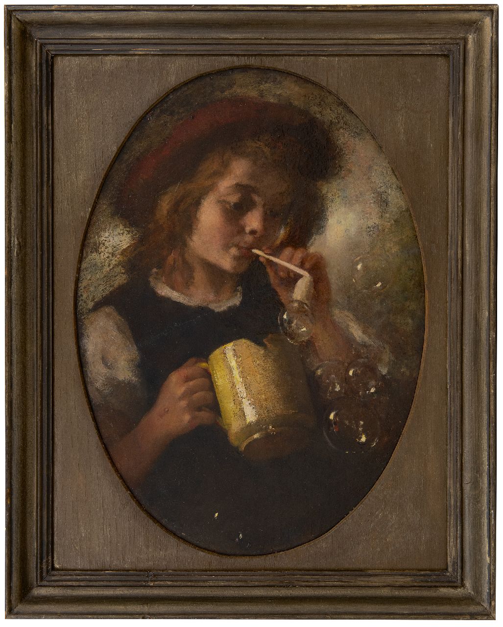 Broedelet A.V.L.  | 'André' Victor Leonard Broedelet | Paintings offered for sale | A boy blowing soap bubbles, oil on eternite 43.0 x 30.1 cm