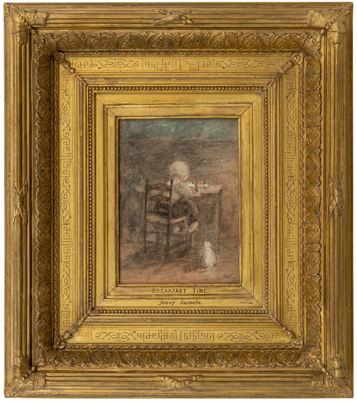 Israëls J.  | Jozef Israëls, Having breakfast, pencil and watercolour on paper 20.3 x 14.7 cm, signed l.r.