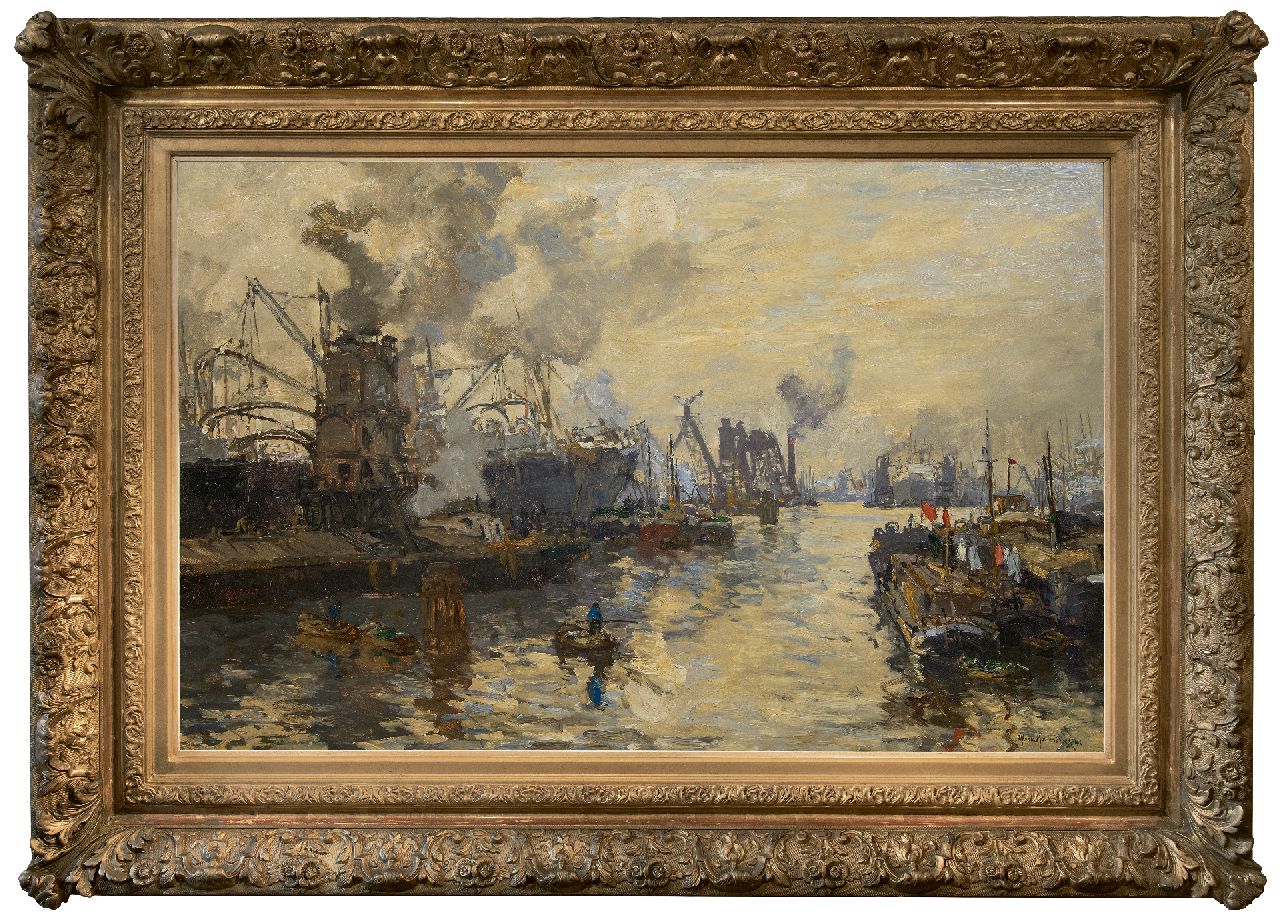 Mastenbroek J.H. van | Johan Hendrik van Mastenbroek | Paintings offered for sale | Grain elevators at work in the harbour, Rotterdam, oil on canvas 84.1 x 130.5 cm, signed l.r. and dated 1913