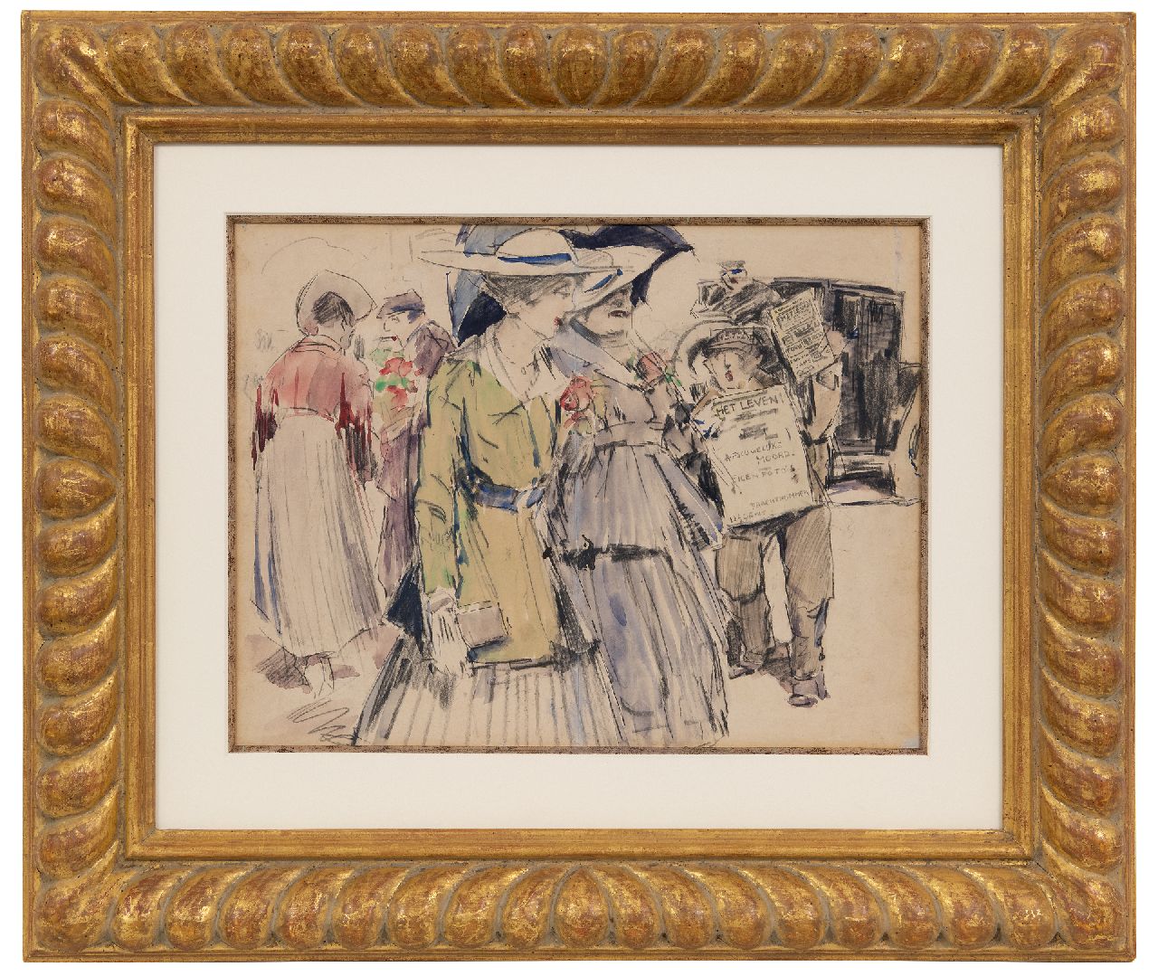 Hem P. van der | Pieter 'Piet' van der Hem, Street scene with newspaper and flower sellers, black chalk and watercolour on paper 30.2 x 39.6 cm