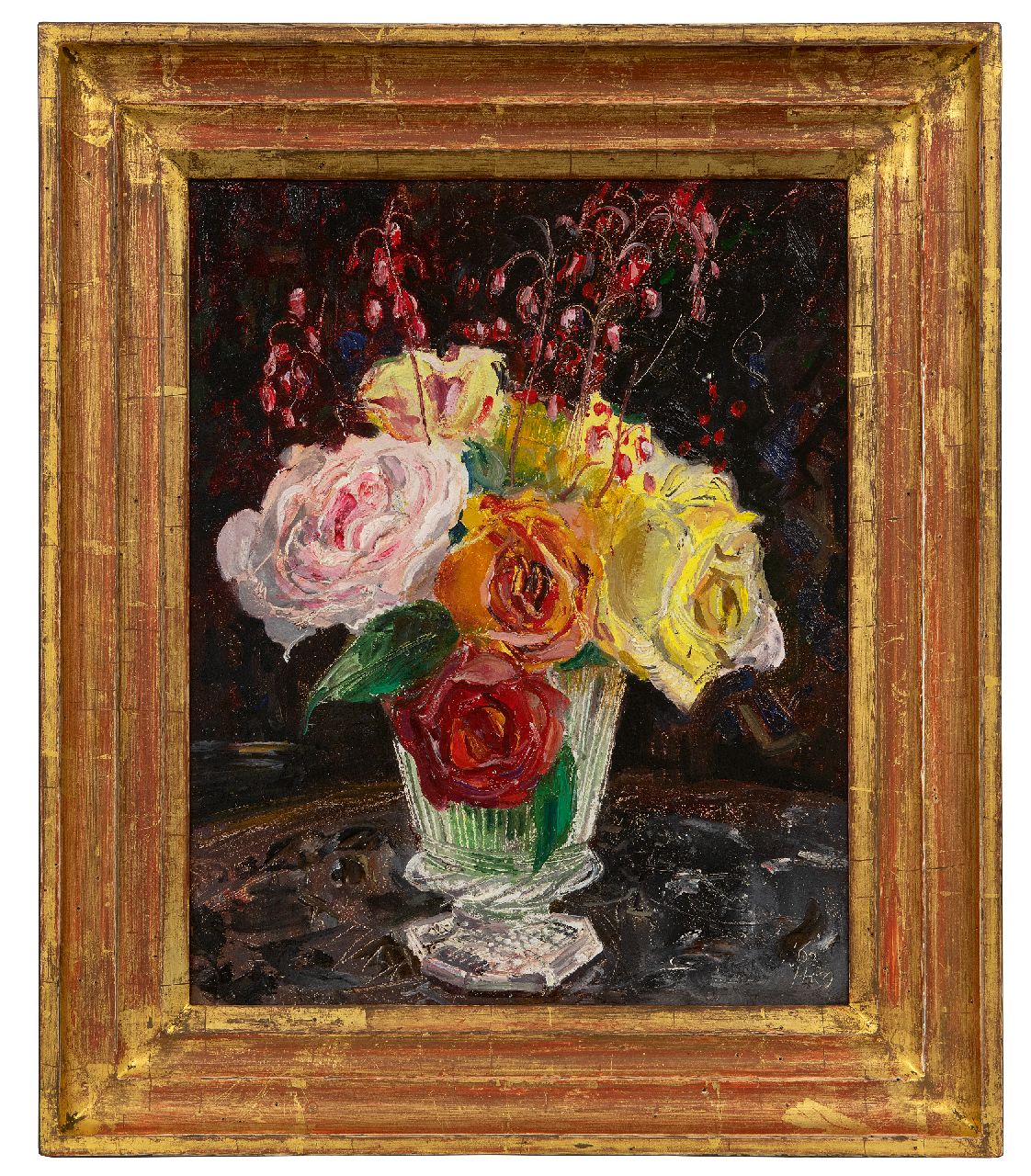 Kamerlingh Onnes H.H.  | 'Harm' Henrick Kamerlingh Onnes | Paintings offered for sale | Roses in a glass vase, oil on board 30.6 x 24.6 cm, signed l.r. with monogram and dated '62