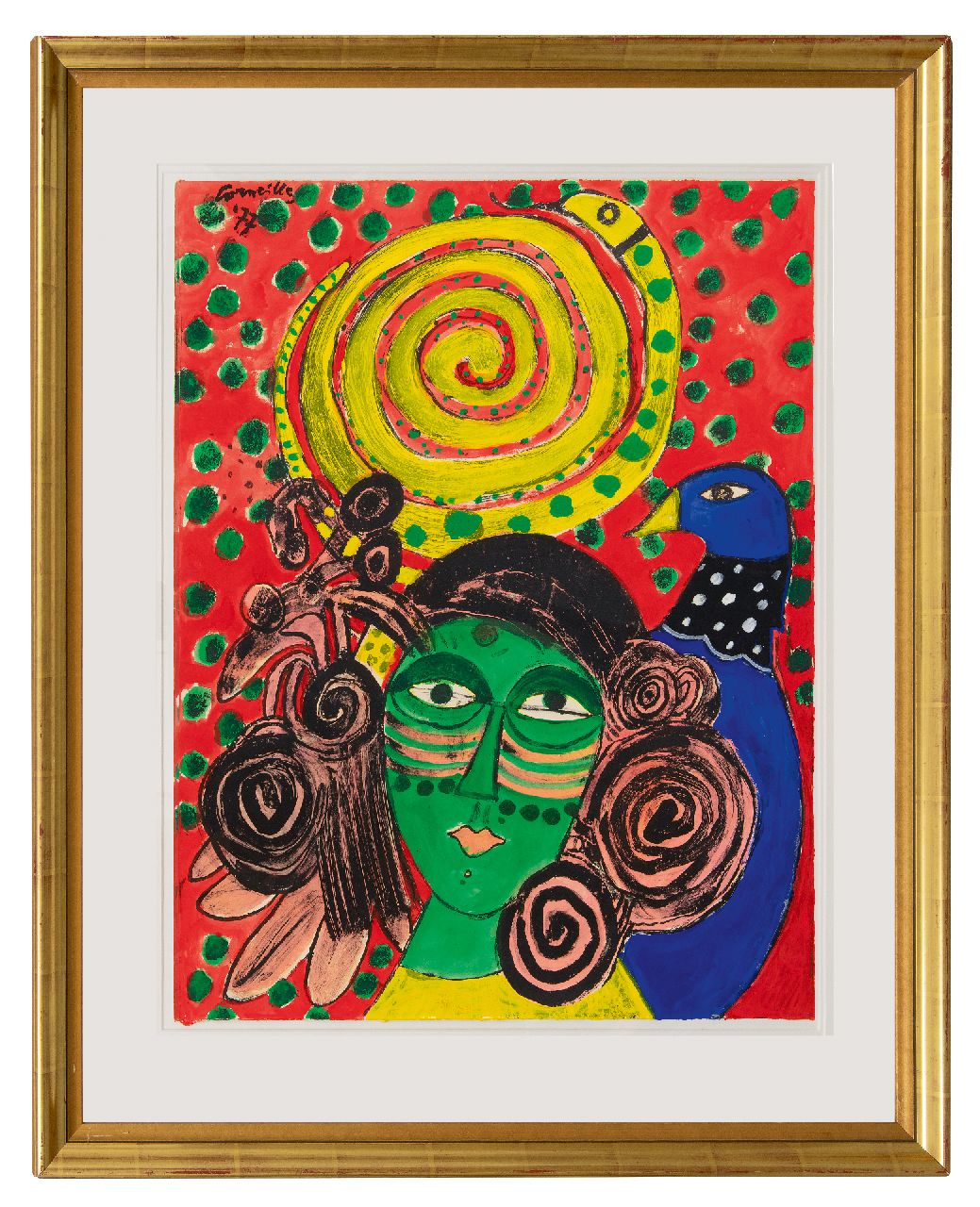 Corneille ('Corneille' Guillaume Beverloo)   | Corneille ('Corneille' Guillaume Beverloo) | Watercolours and drawings offered for sale | Woman with bird and snake, gouache on paper 66.1 x 51.8 cm, signed u.l. and dated '77