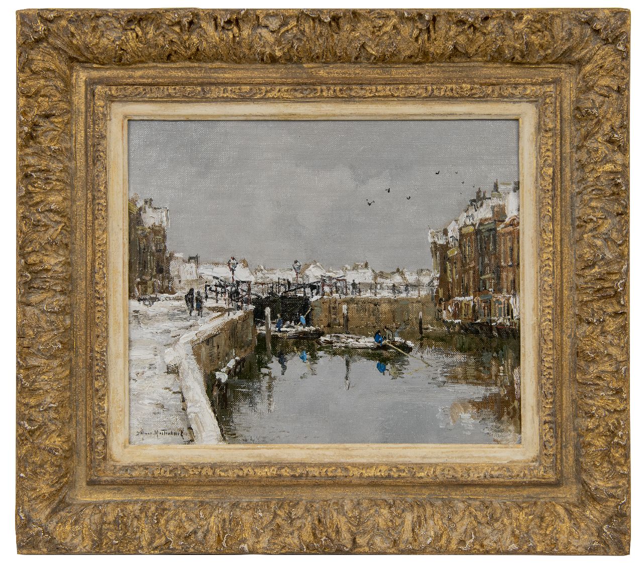 Mastenbroek J.H. van | Johan Hendrik van Mastenbroek, Sluisje bij winter (Lock in winter), oil on canvas laid down on panel 24.3 x 27.4 cm, signed l.l.