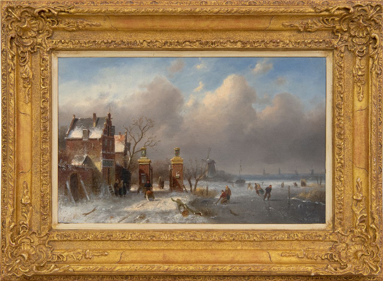 Leickert C.H.J.  | 'Charles' Henri Joseph Leickert | Paintings offered for sale | Skaters on a frozen waterway near the 'Leidsche Hek' in Oegstgeest, oil on panel 25.0 x 40.0 cm, signed l.r.